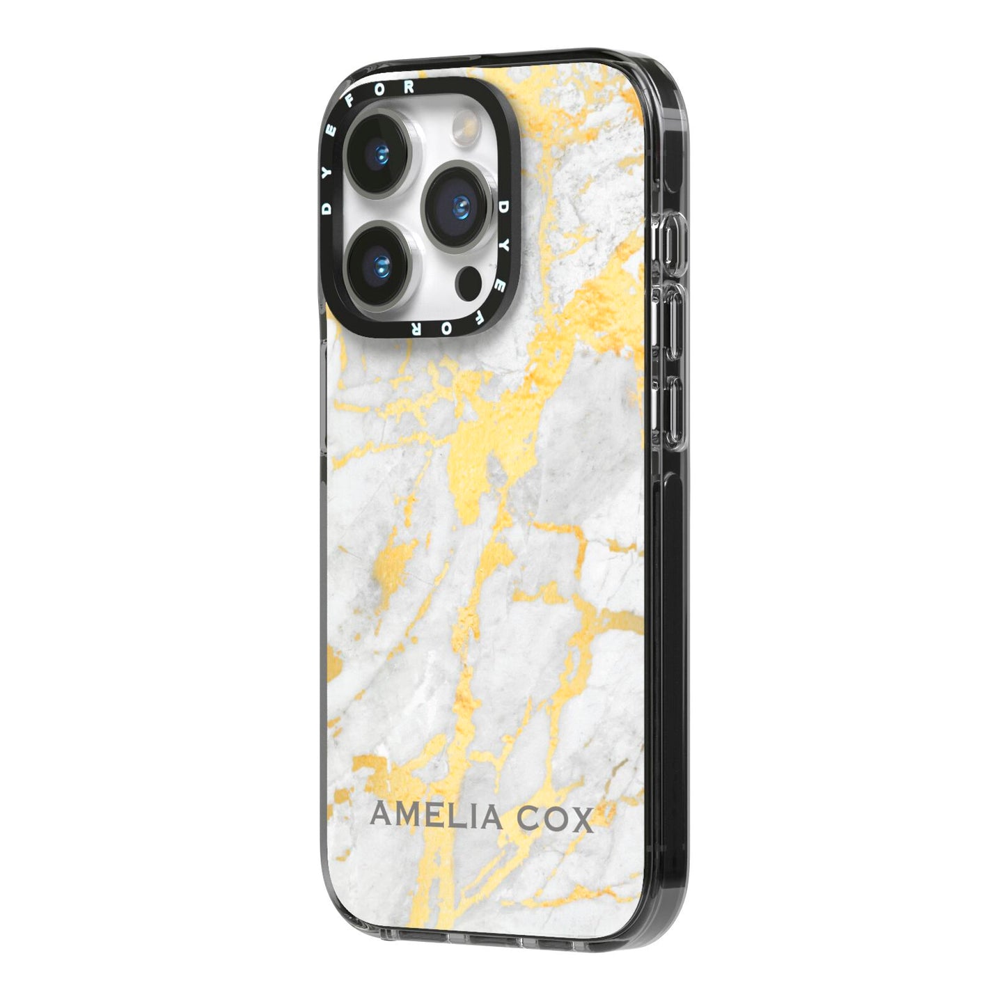Gold Marble Name Personalised iPhone 14 Pro Black Impact Case Side Angle on Silver phone