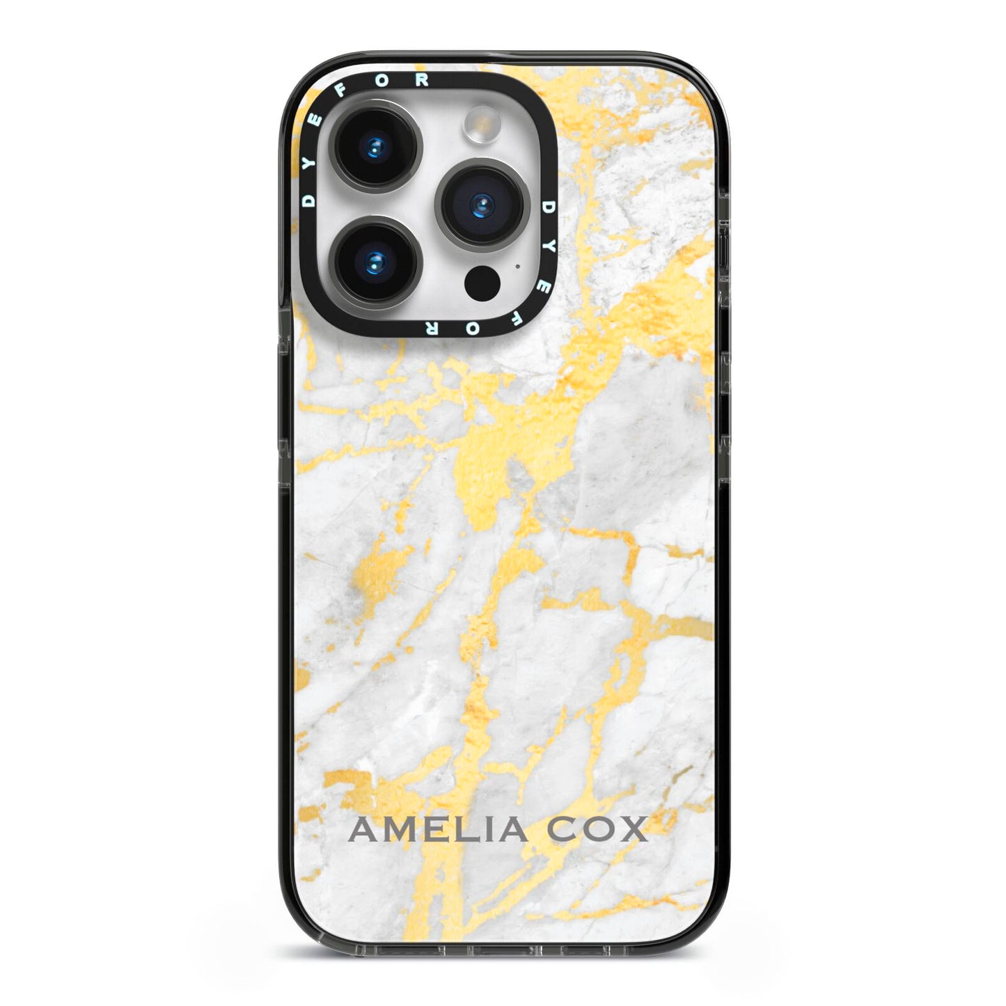 Gold Marble Name Personalised iPhone 14 Pro Black Impact Case on Silver phone