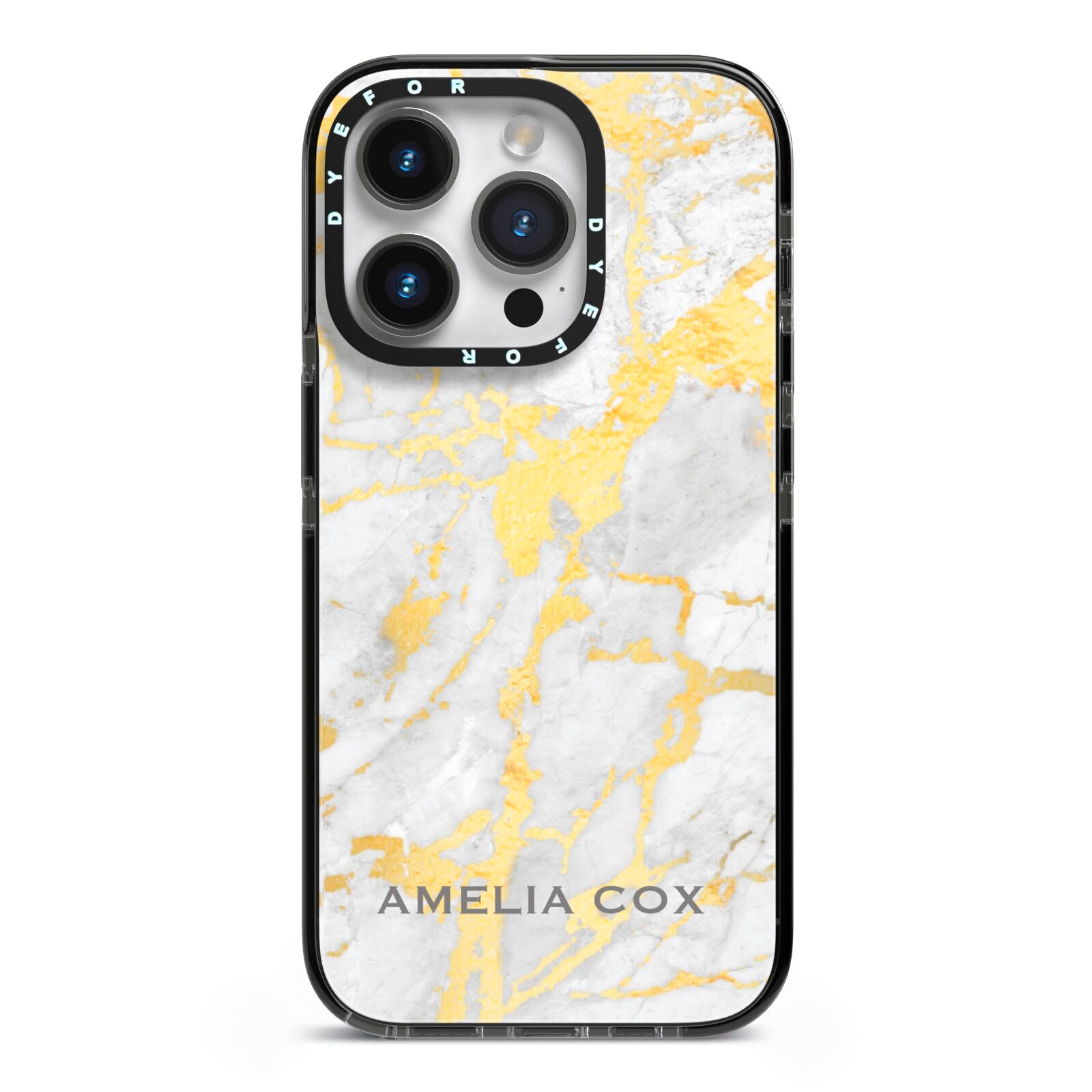 Gold Marble Name Personalised iPhone 14 Pro Black Impact Case on Silver phone