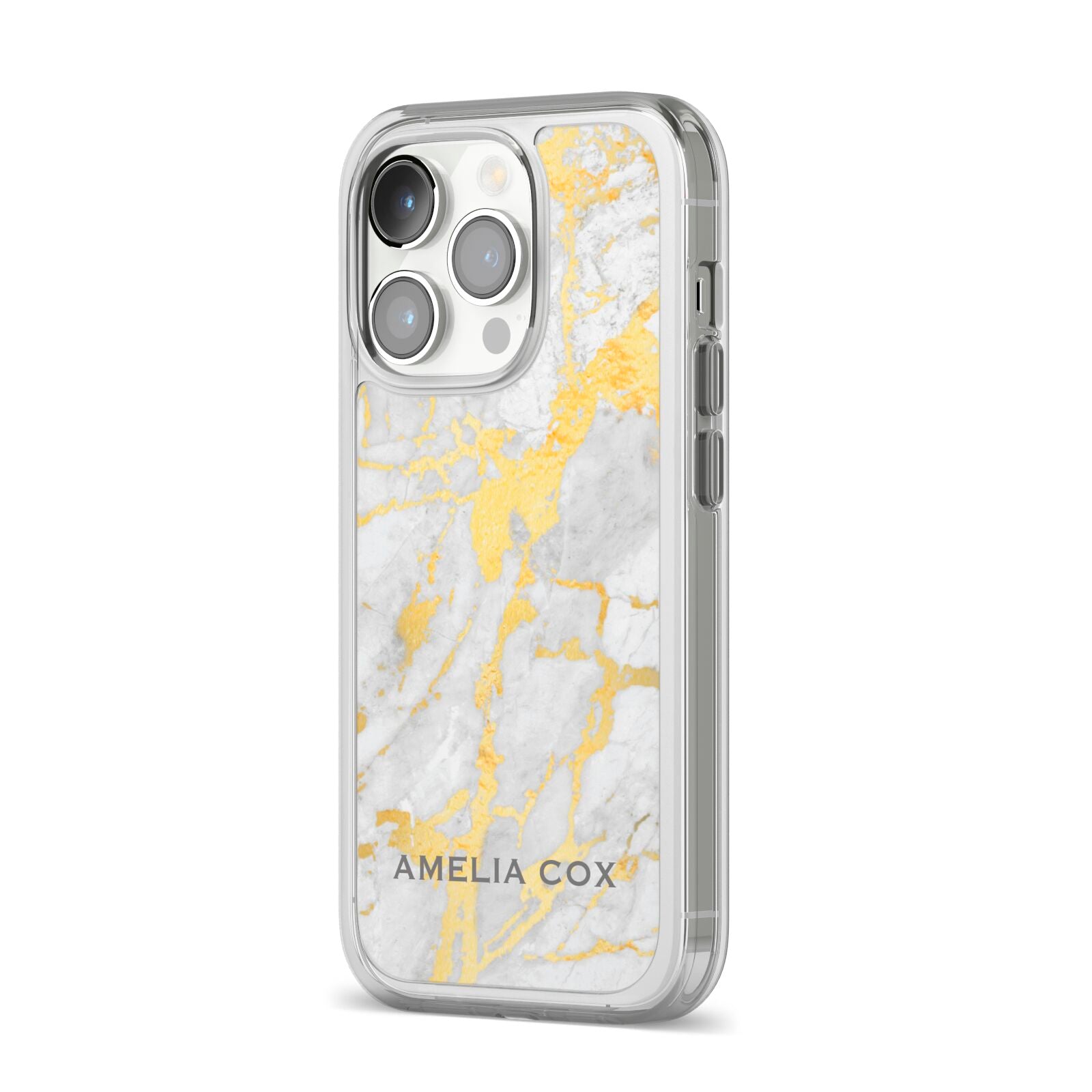 Gold Marble Name Personalised iPhone 14 Pro Clear Tough Case Silver Angled Image