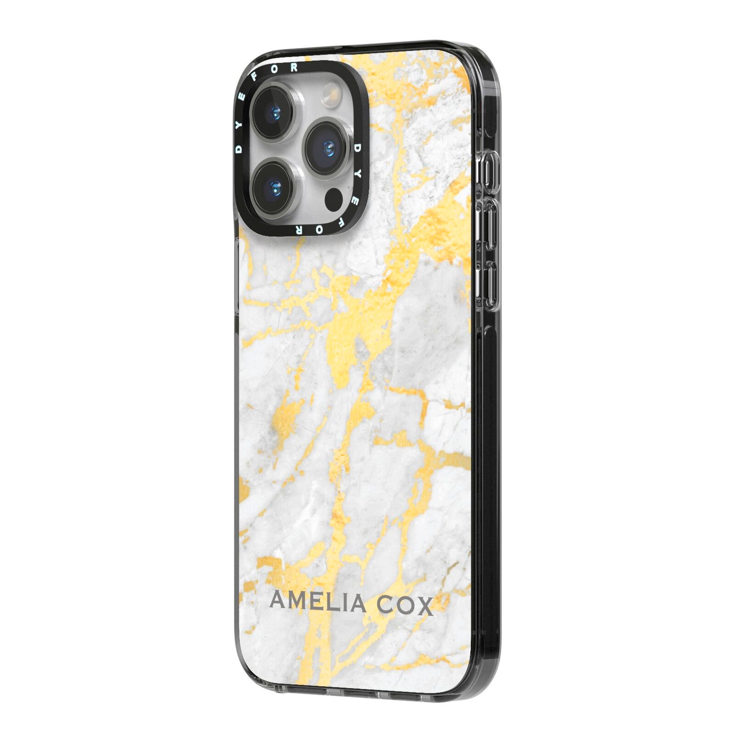 Gold Marble Name Personalised iPhone 14 Pro Max Black Impact Case Side Angle on Silver phone