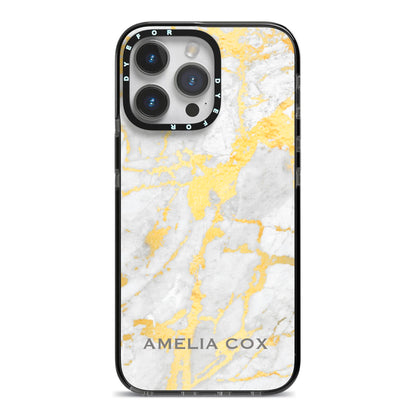 Gold Marble Name Personalised iPhone 14 Pro Max Black Impact Case on Silver phone