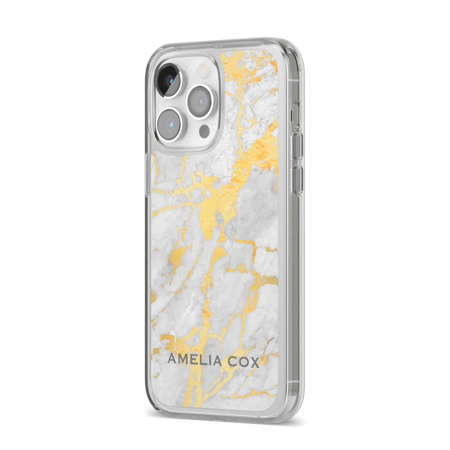 Gold Marble Name Personalised iPhone 14 Pro Max Clear Tough Case Silver Angled Image