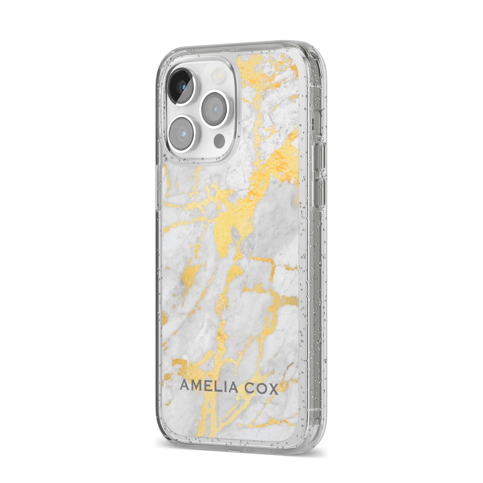 Gold Marble Name Personalised iPhone 14 Pro Max Glitter Tough Case Silver Angled Image