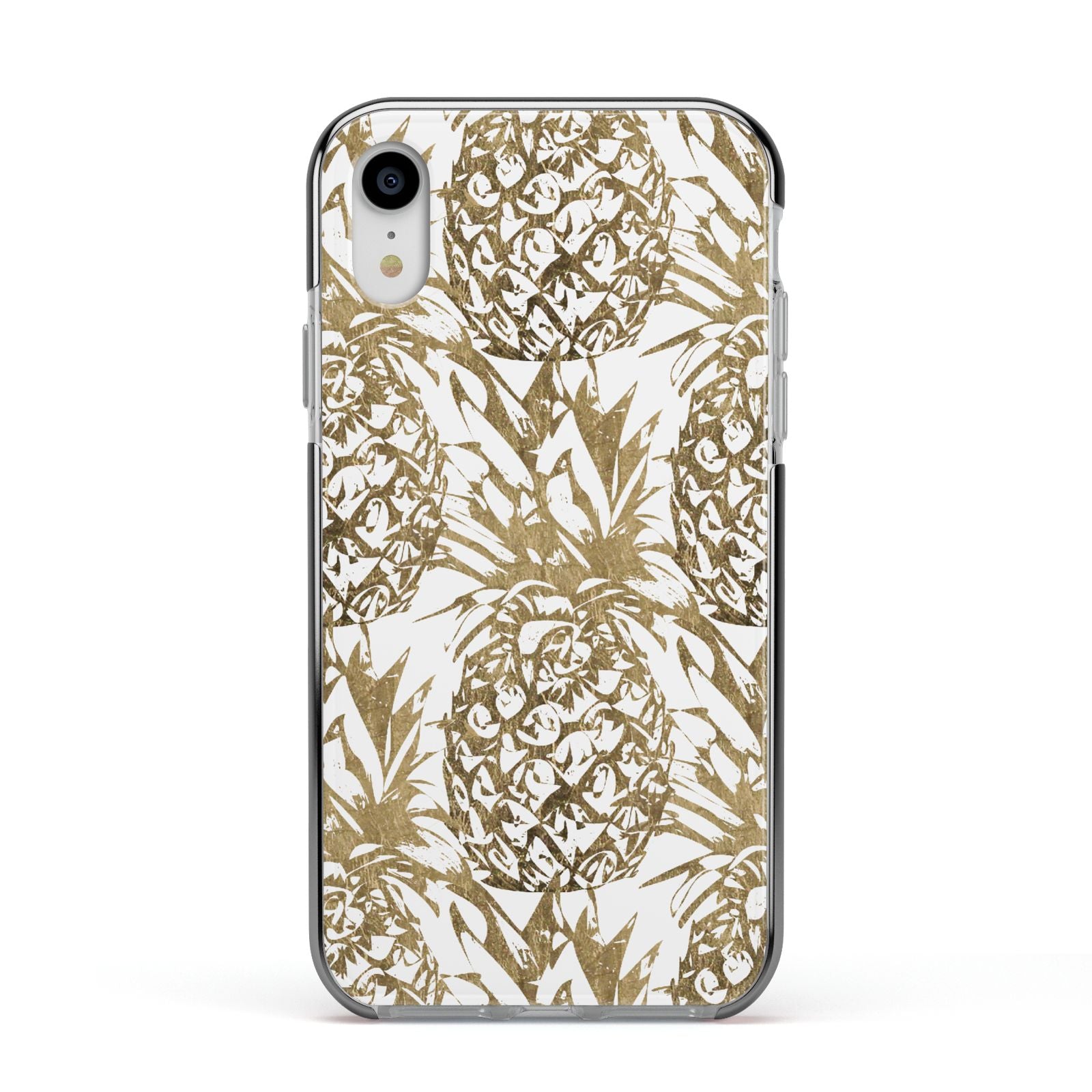 Gold Pineapple Fruit Apple iPhone XR Impact Case Black Edge on Silver Phone