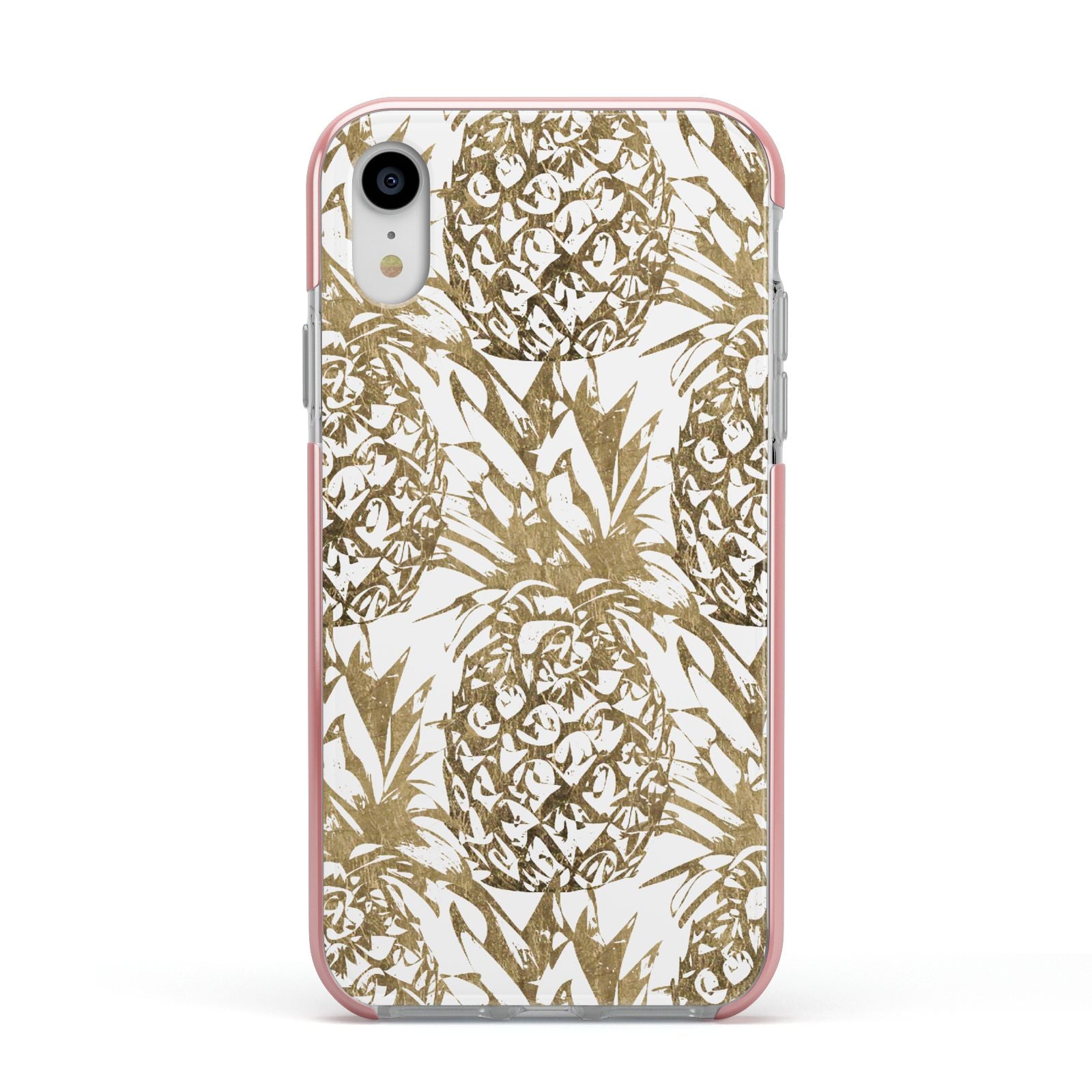 Gold Pineapple Fruit Apple iPhone XR Impact Case Pink Edge on Silver Phone