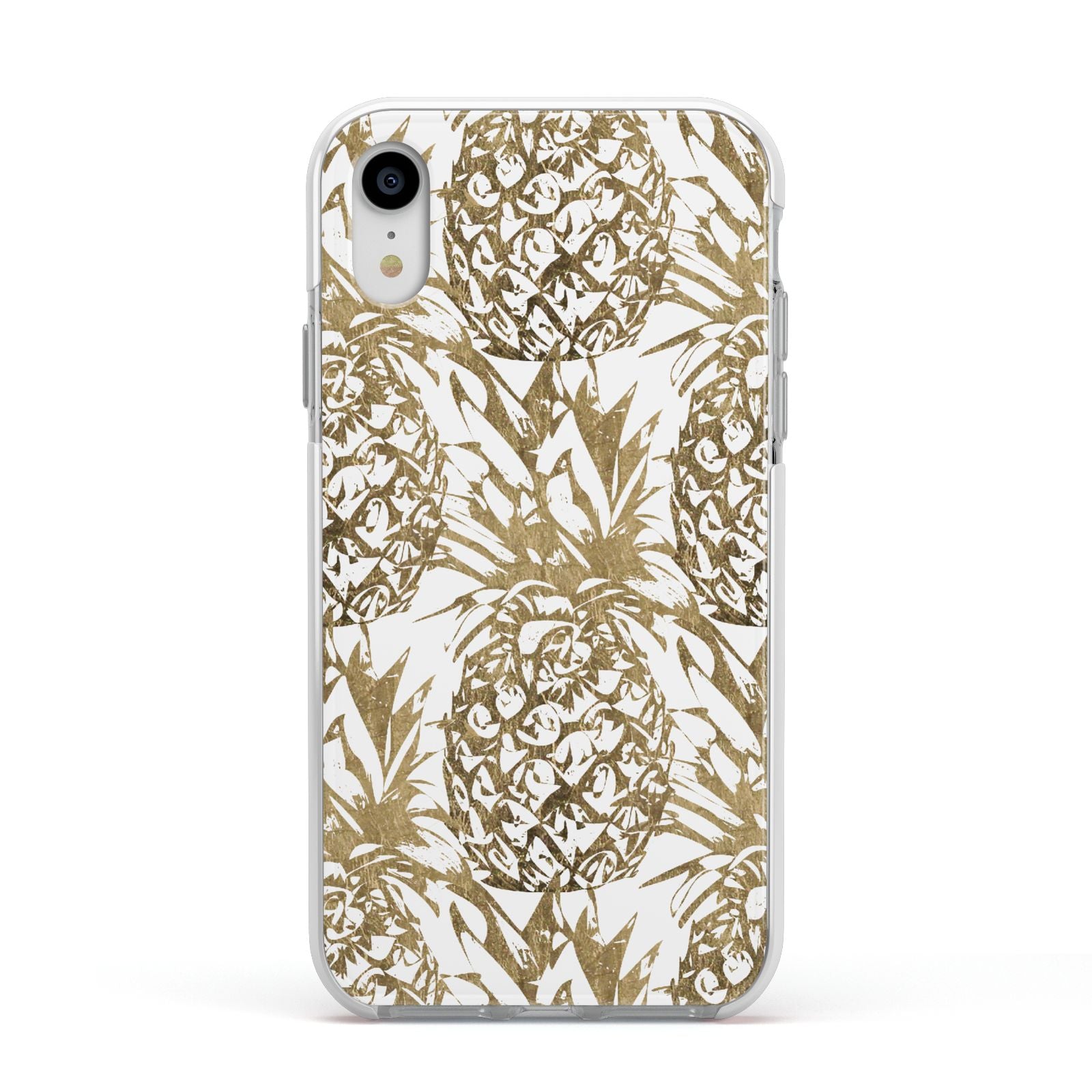 Gold Pineapple Fruit Apple iPhone XR Impact Case White Edge on Silver Phone