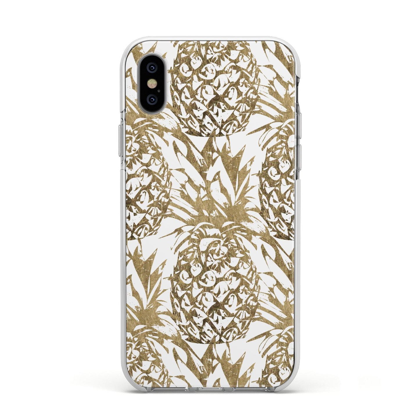Gold Pineapple Fruit Apple iPhone Xs Impact Case White Edge on Silver Phone