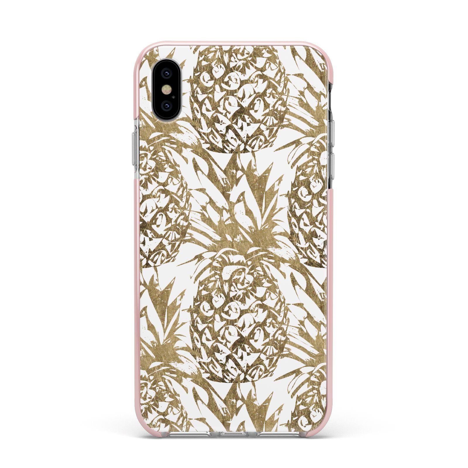 Gold Pineapple Fruit Apple iPhone Xs Max Impact Case Pink Edge on Silver Phone