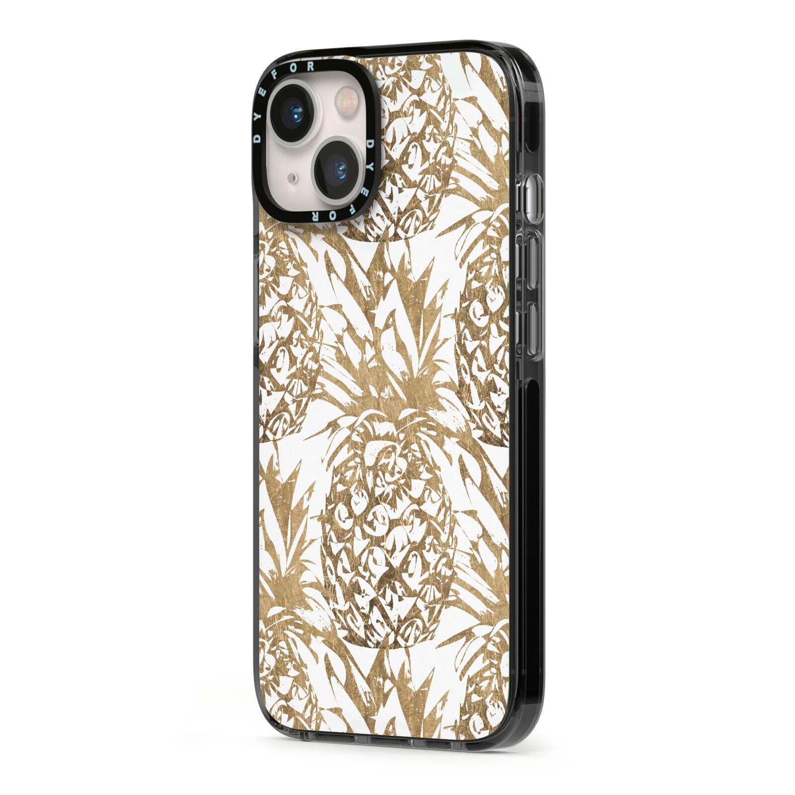 Gold Pineapple Fruit iPhone 13 Black Impact Case Side Angle on Silver phone