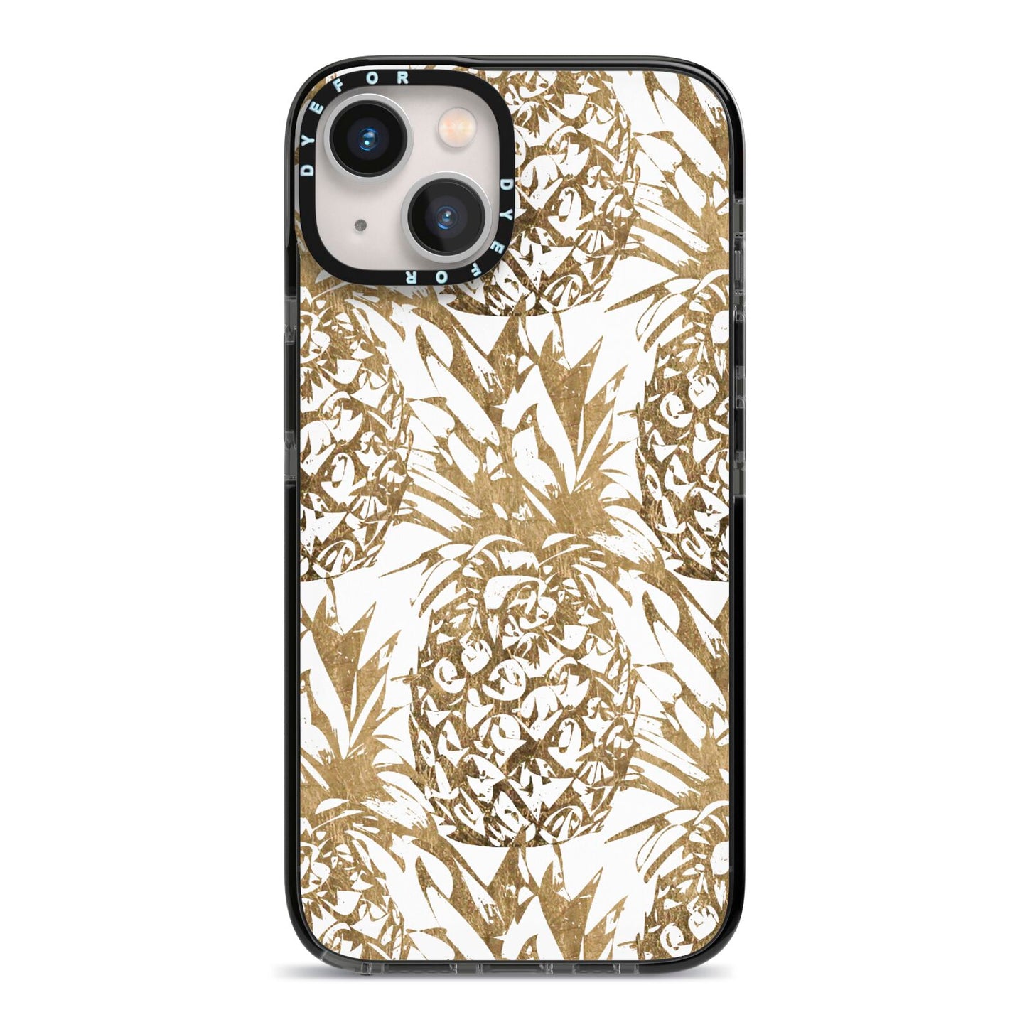 Gold Pineapple Fruit iPhone 13 Black Impact Case on Silver phone
