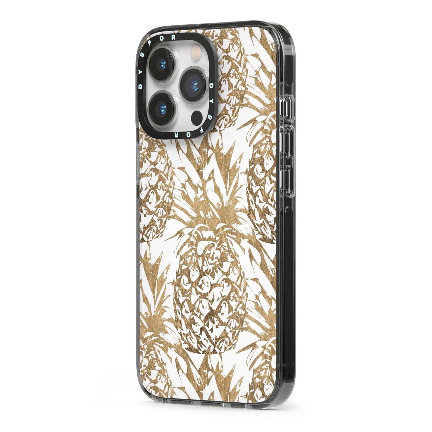Gold Pineapple Fruit iPhone 13 Pro Black Impact Case Side Angle on Silver phone