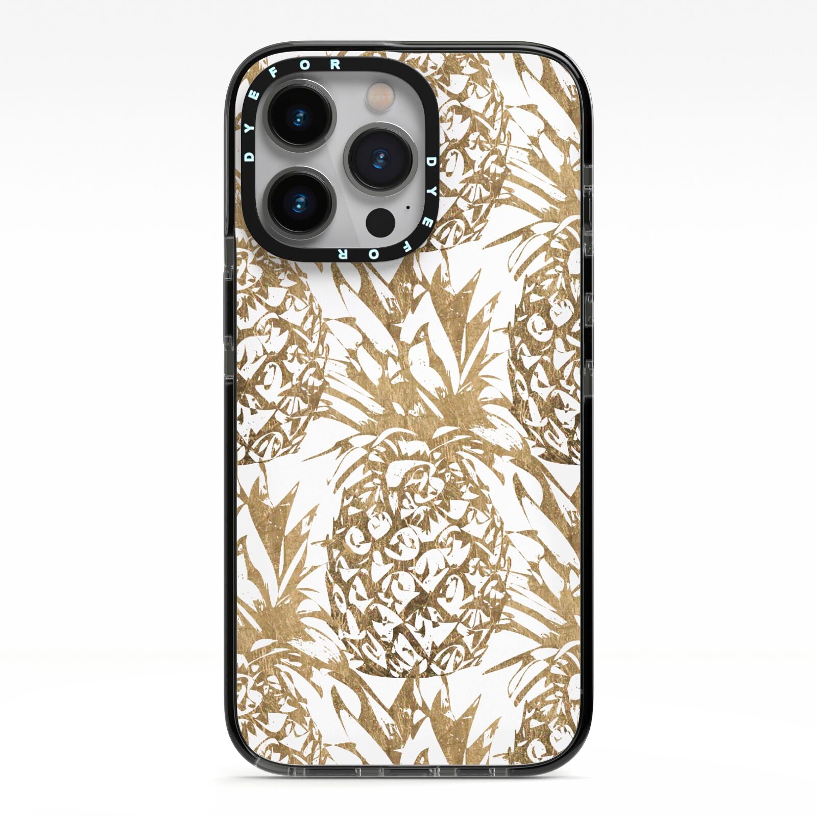 Gold Pineapple Fruit iPhone 13 Pro Black Impact Case on Silver phone