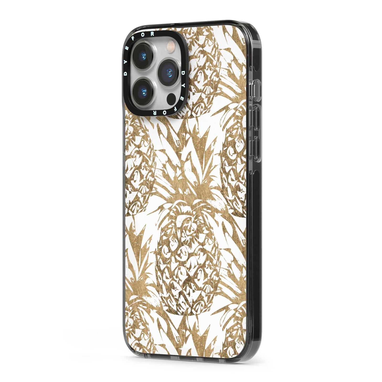 Gold Pineapple Fruit iPhone 13 Pro Max Black Impact Case Side Angle on Silver phone