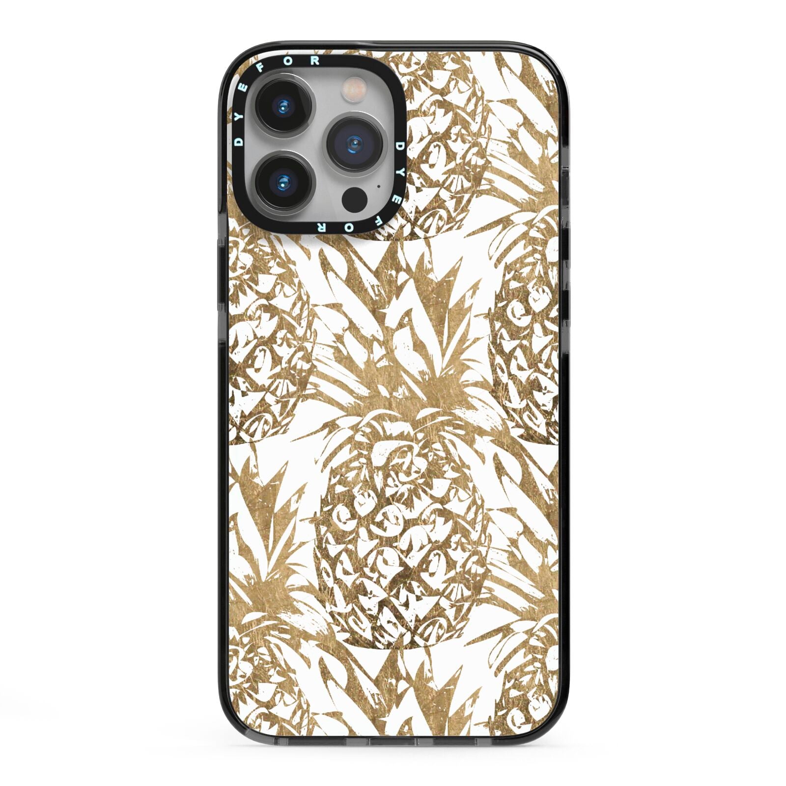 Gold Pineapple Fruit iPhone 13 Pro Max Black Impact Case on Silver phone