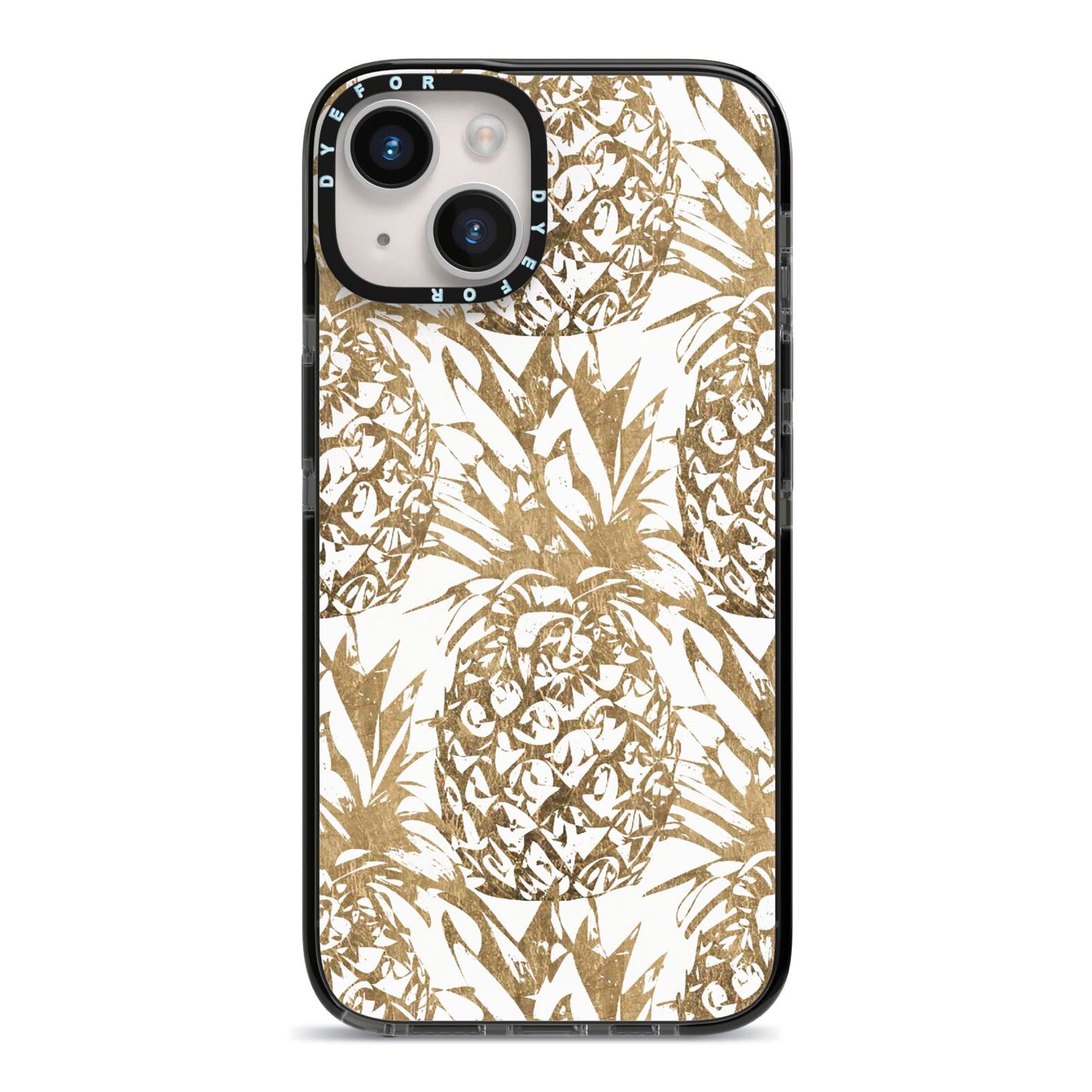 Gold Pineapple Fruit iPhone 14 Black Impact Case on Silver phone