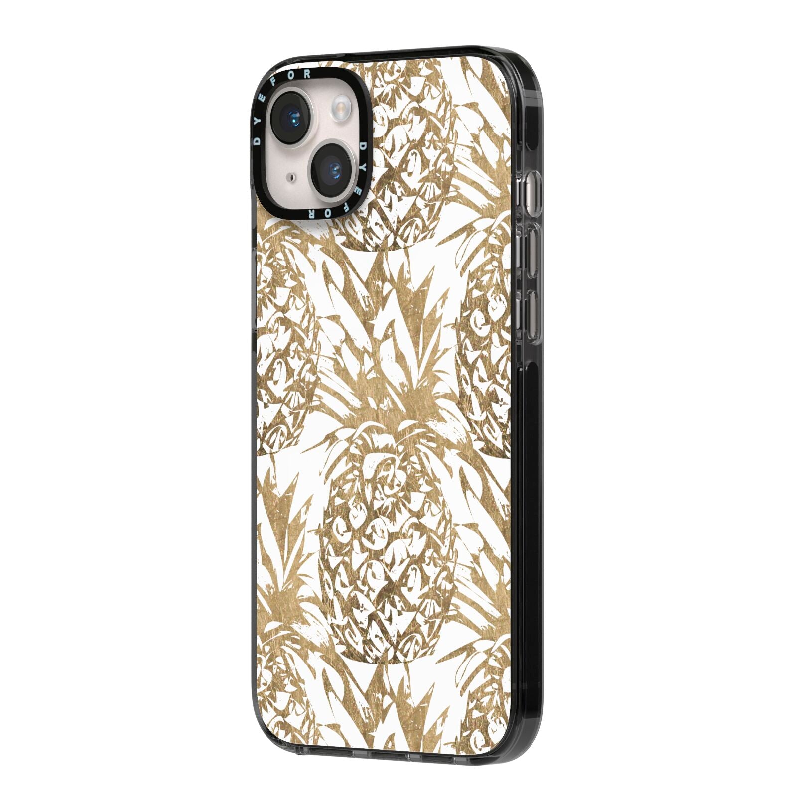 Gold Pineapple Fruit iPhone 14 Plus Black Impact Case Side Angle on Silver phone