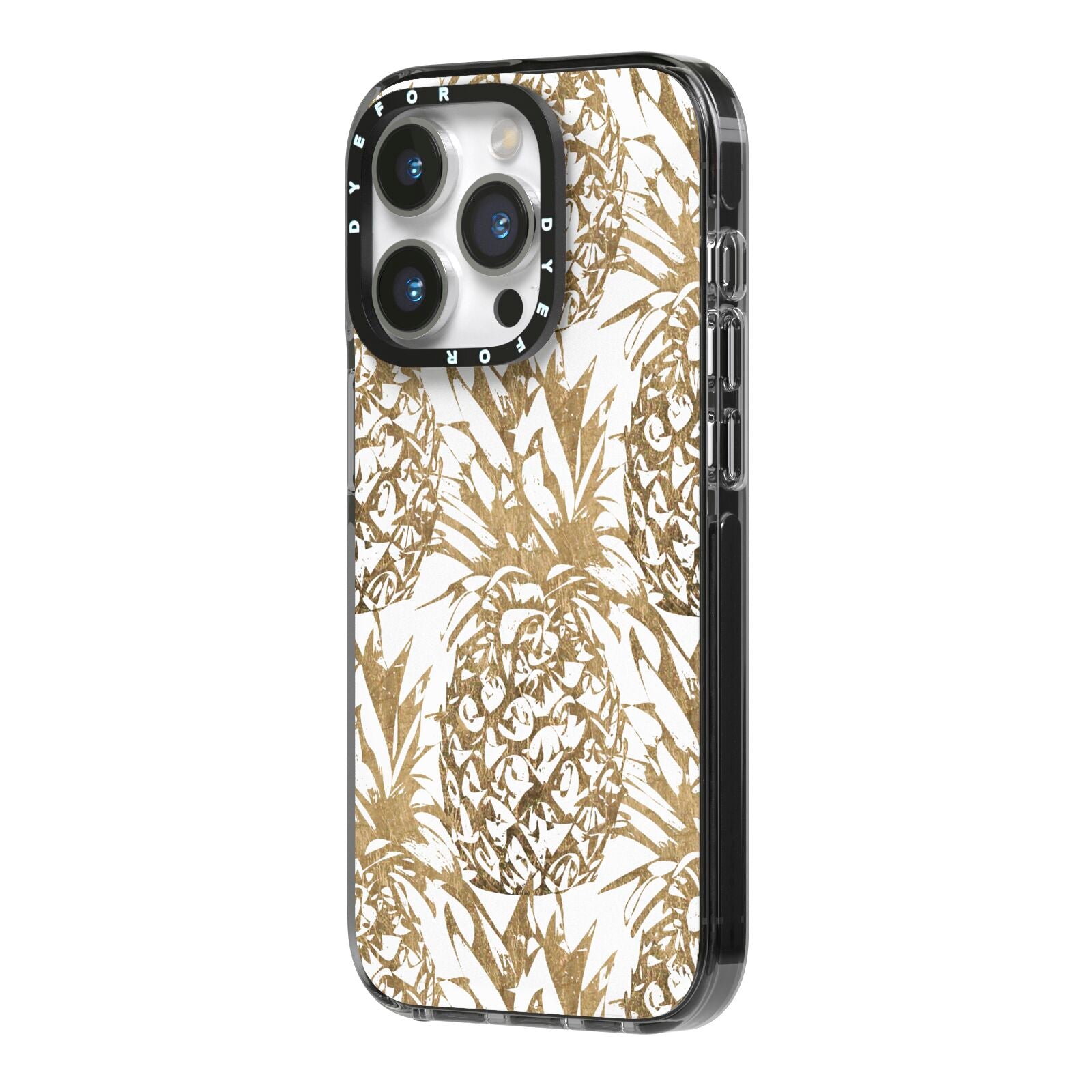 Gold Pineapple Fruit iPhone 14 Pro Black Impact Case Side Angle on Silver phone