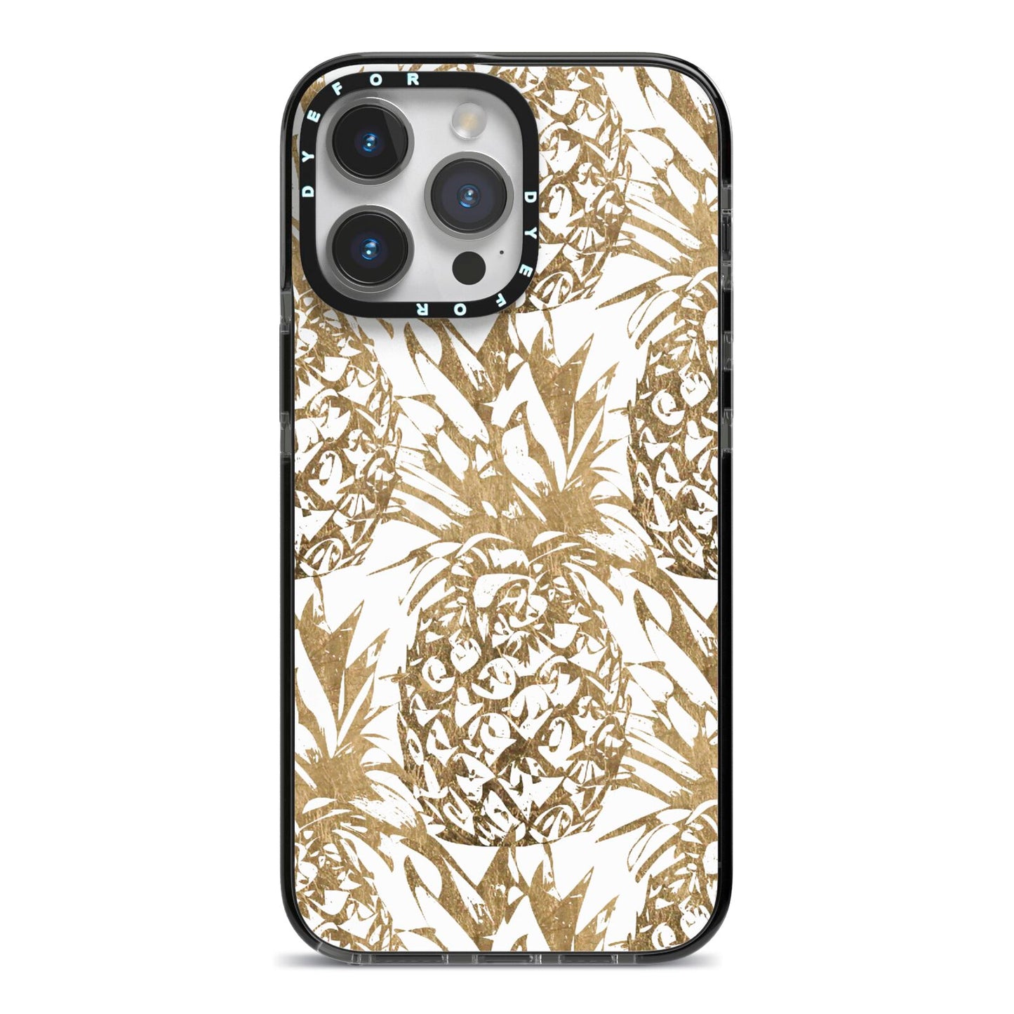 Gold Pineapple Fruit iPhone 14 Pro Max Black Impact Case on Silver phone