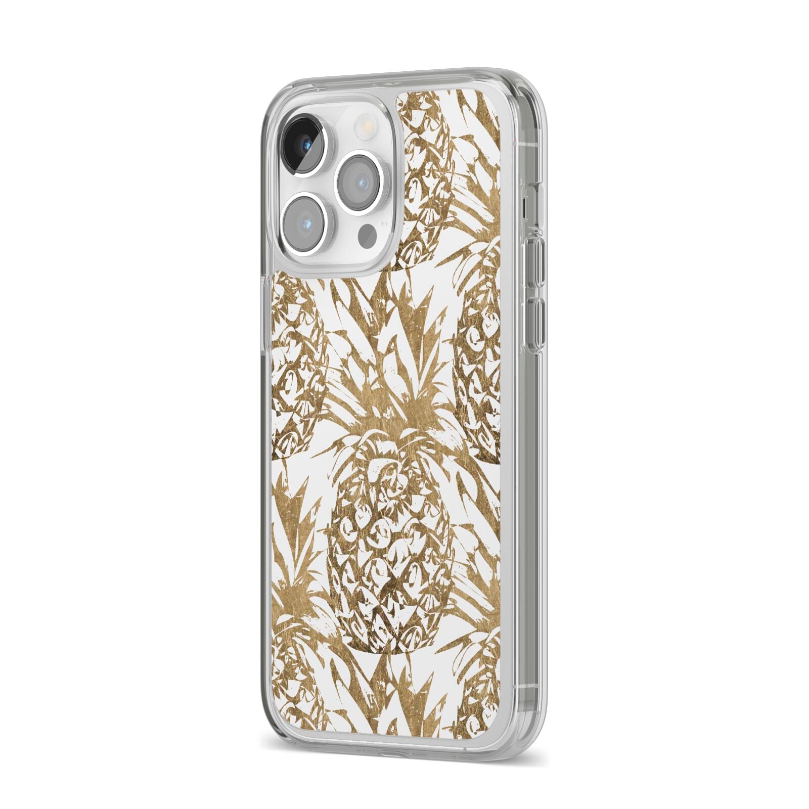 Gold Pineapple Fruit iPhone 14 Pro Max Clear Tough Case Silver Angled Image