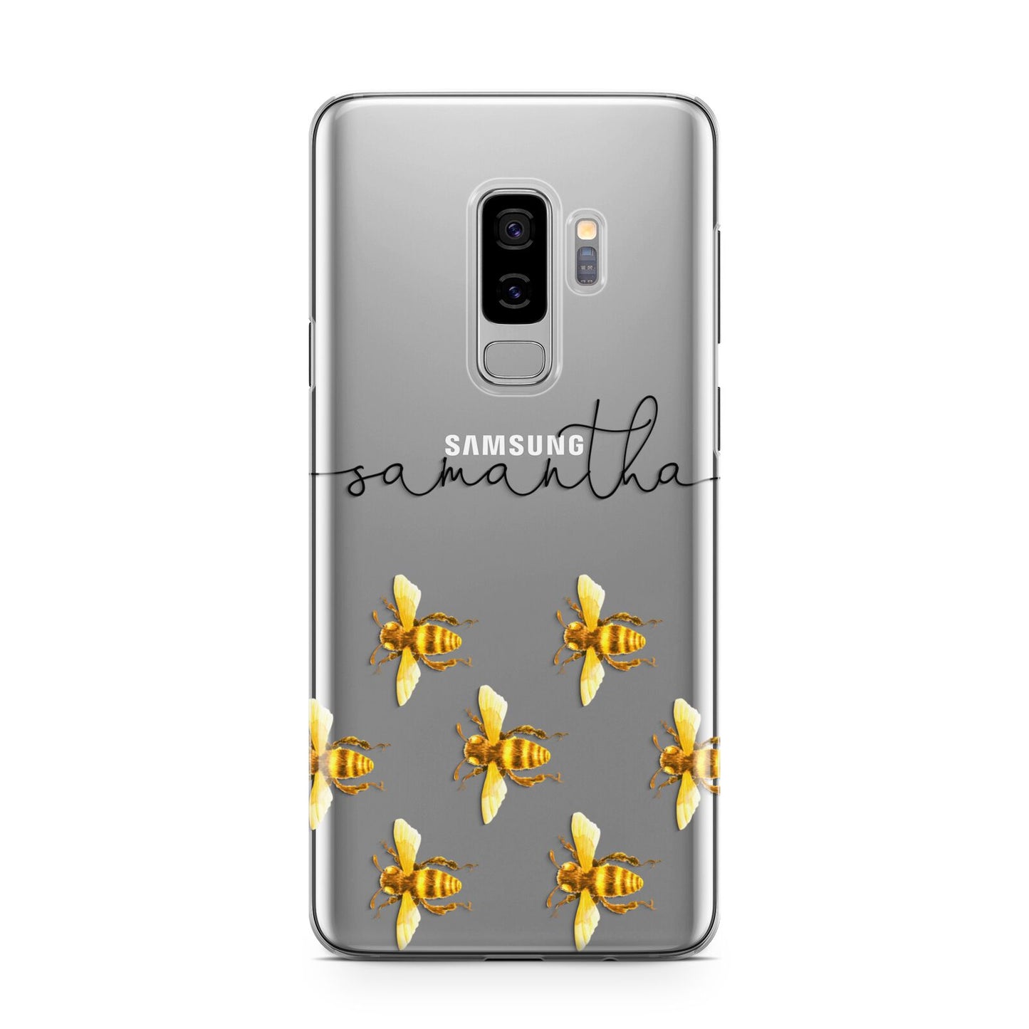 Golden Bees Personalised Name Samsung Galaxy S9 Plus Case on Silver phone