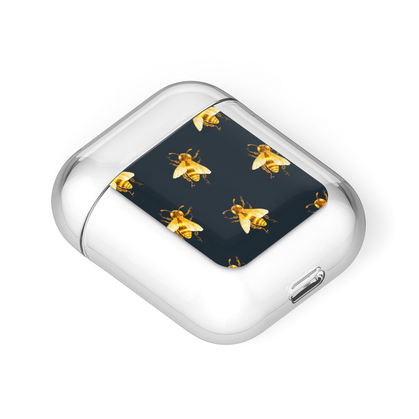 Golden Bees with Navy Background AirPods Case Laid Flat