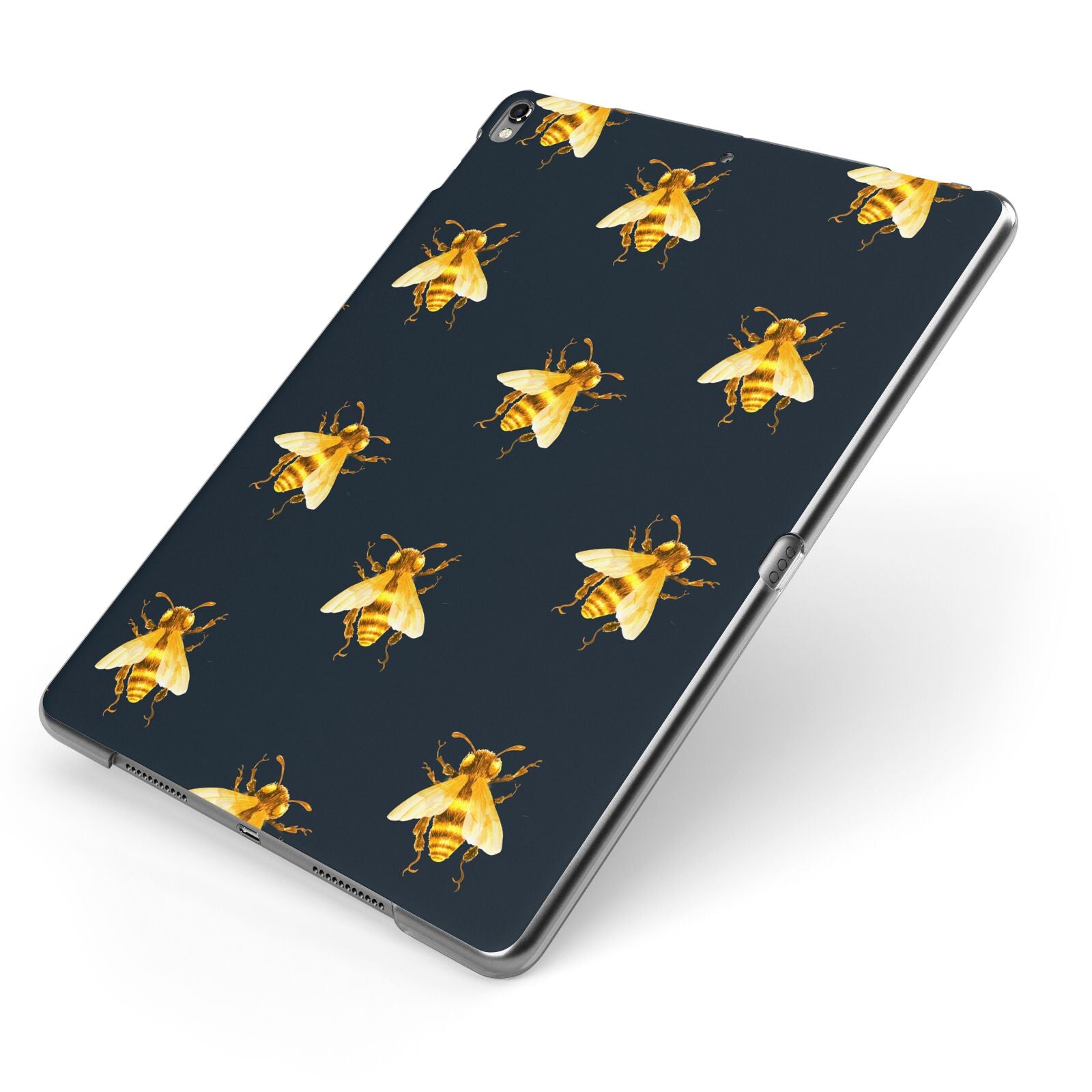 Golden Bees with Navy Background Apple iPad Case on Grey iPad Side View