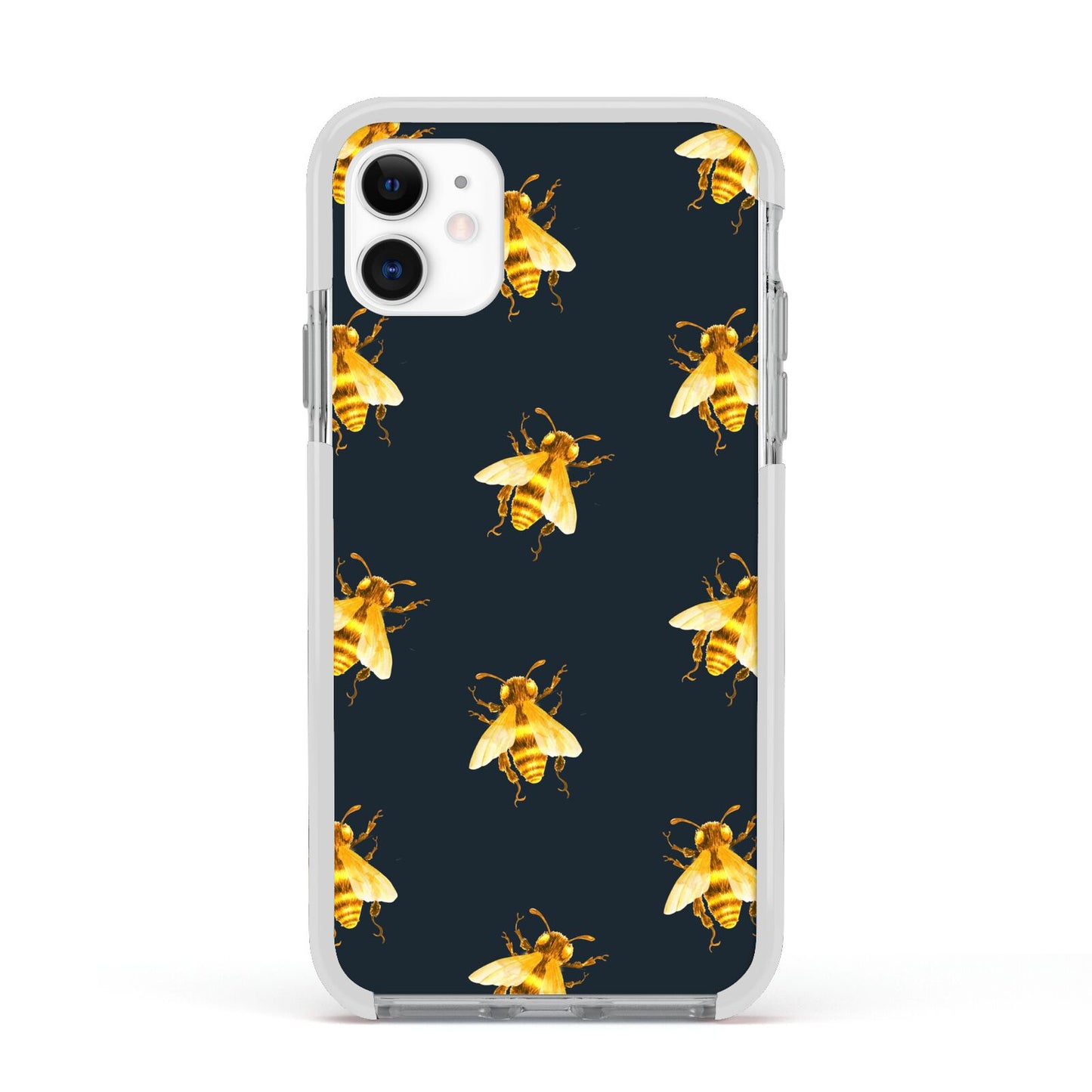Golden Bees with Navy Background Apple iPhone 11 in White with White Impact Case