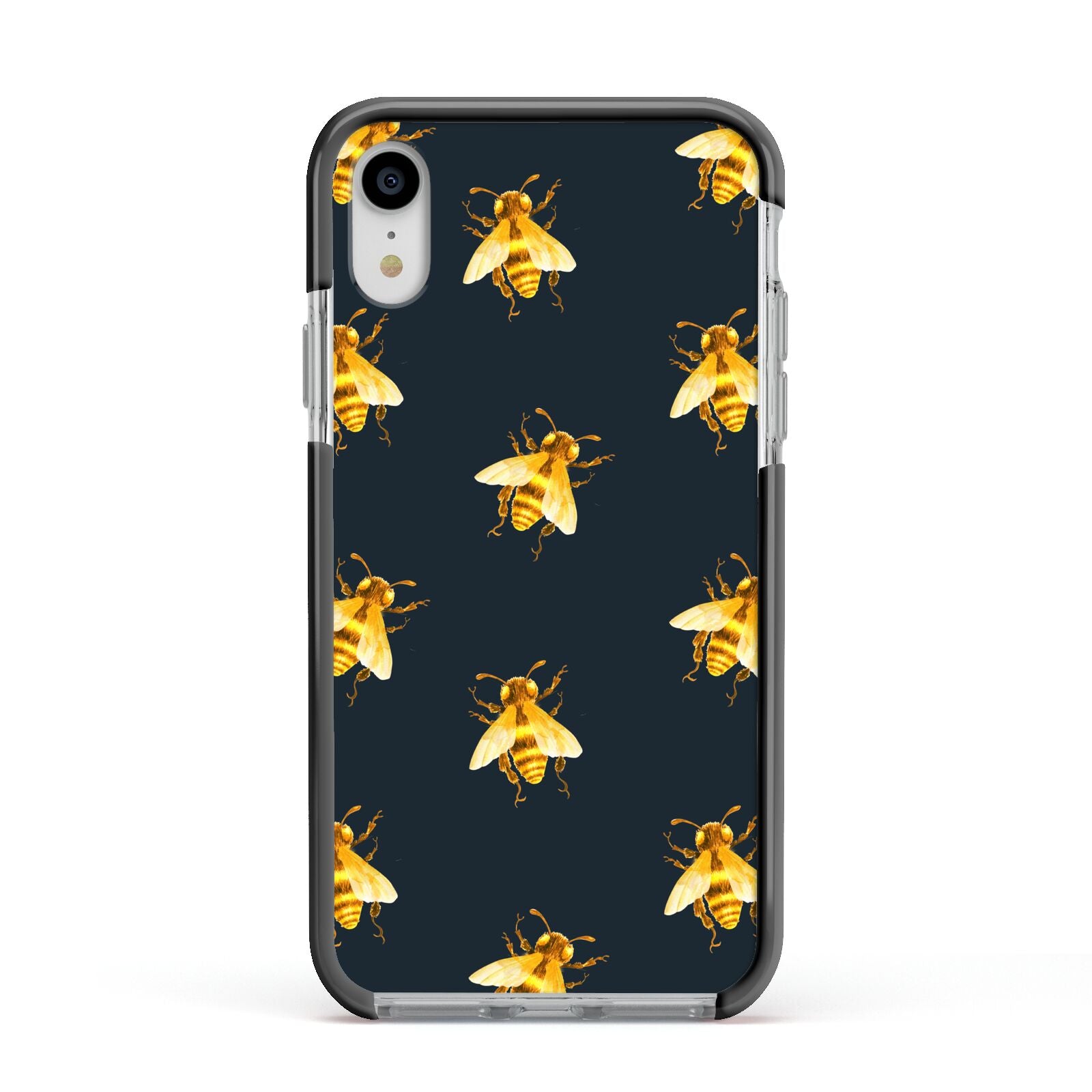 Golden Bees with Navy Background Apple iPhone XR Impact Case Black Edge on Silver Phone