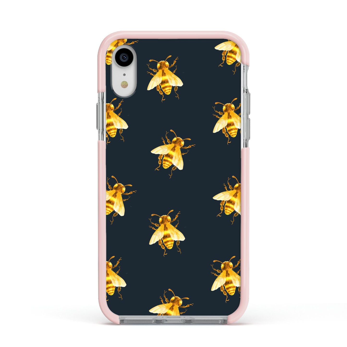 Golden Bees with Navy Background Apple iPhone XR Impact Case Pink Edge on Silver Phone