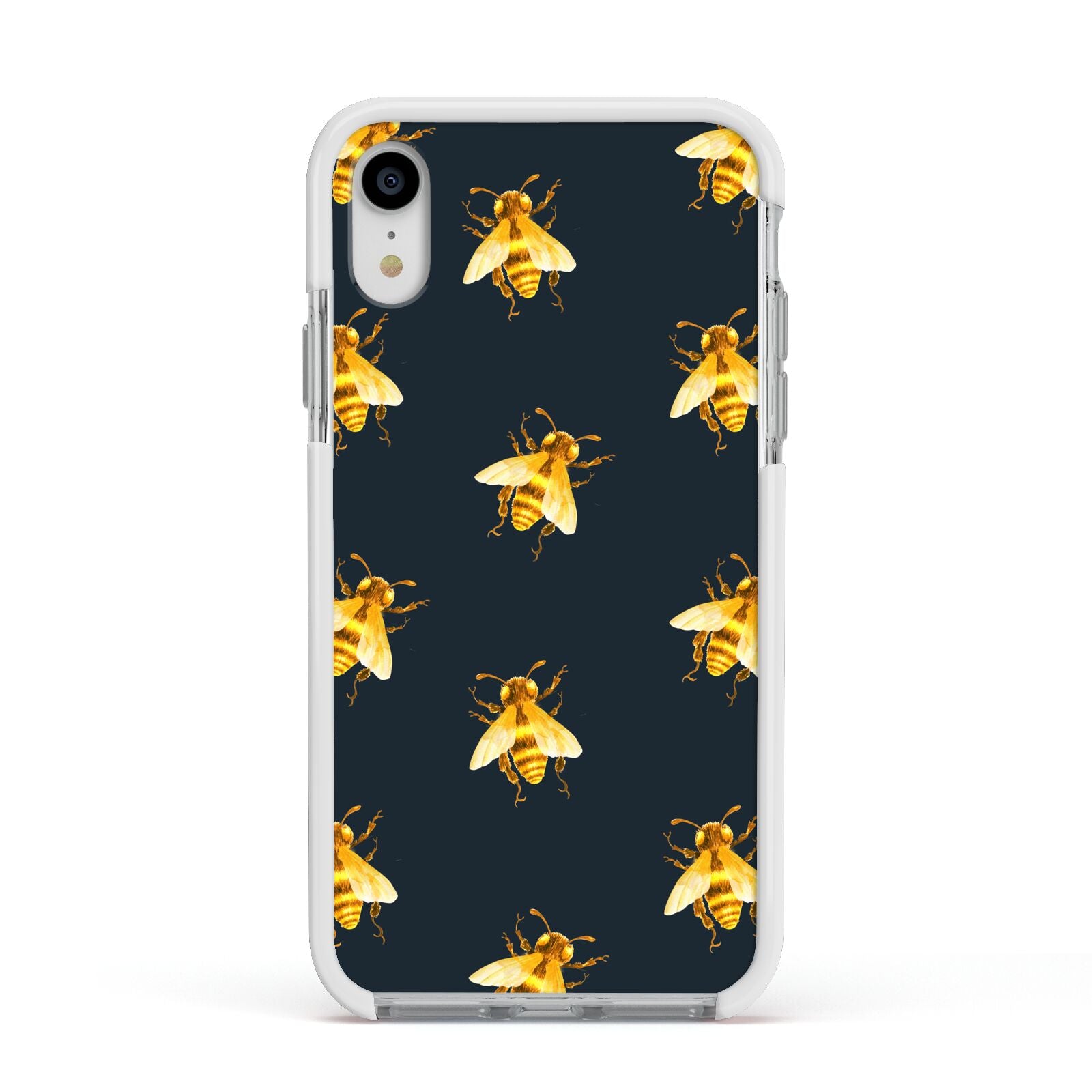 Golden Bees with Navy Background Apple iPhone XR Impact Case White Edge on Silver Phone