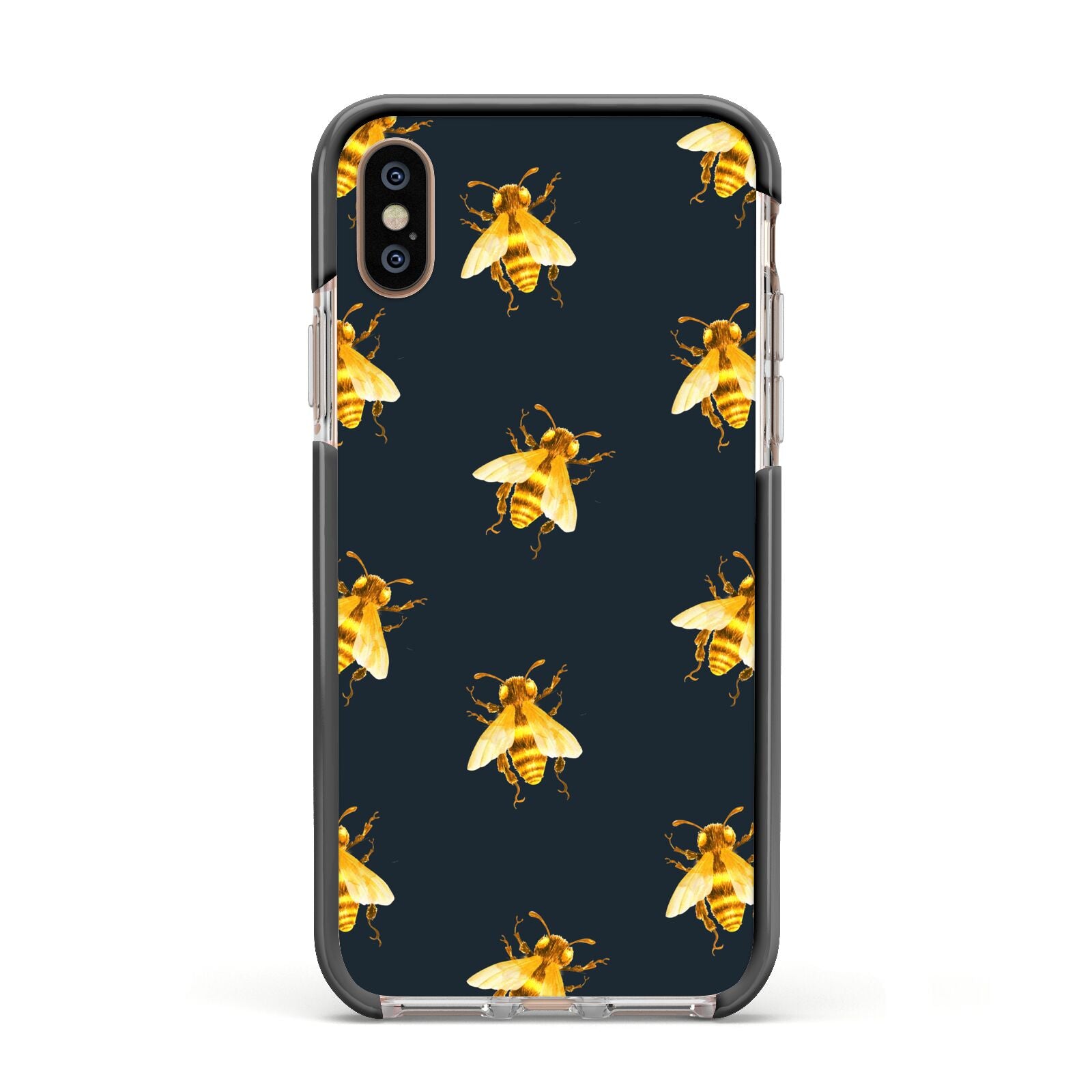 Golden Bees with Navy Background Apple iPhone Xs Impact Case Black Edge on Gold Phone