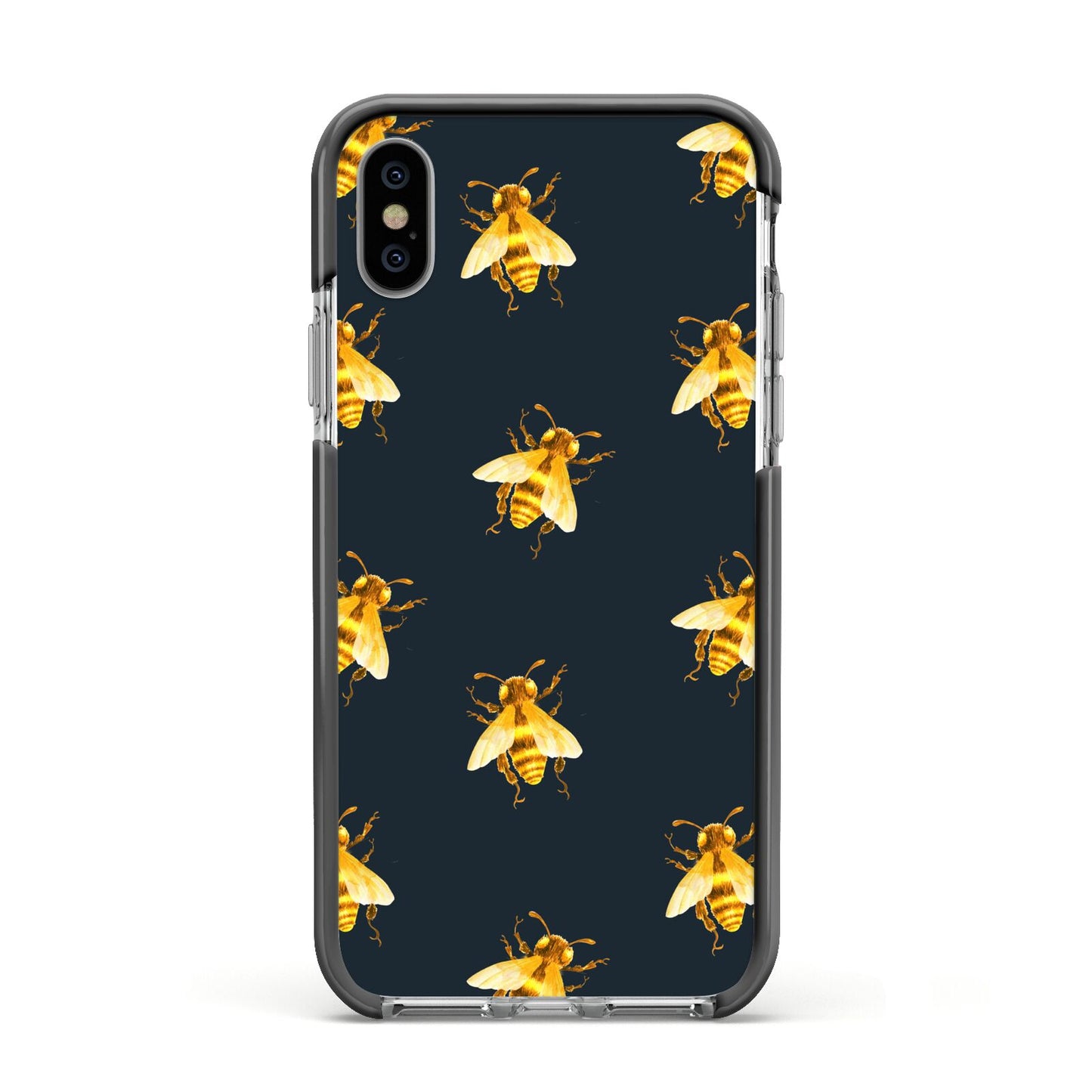 Golden Bees with Navy Background Apple iPhone Xs Impact Case Black Edge on Silver Phone