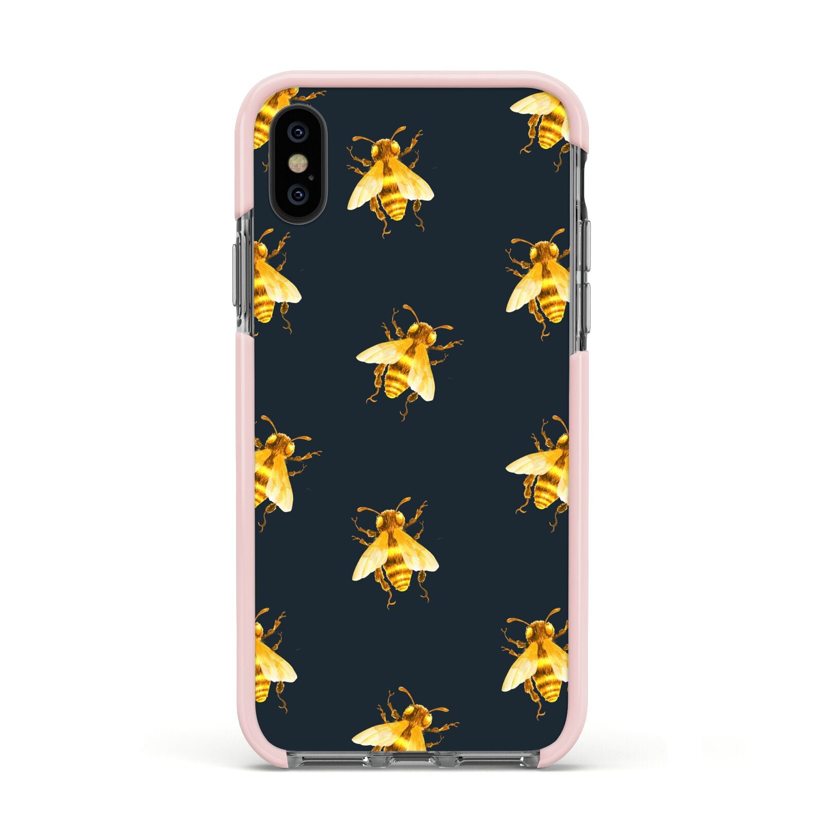 Golden Bees with Navy Background Apple iPhone Xs Impact Case Pink Edge on Black Phone