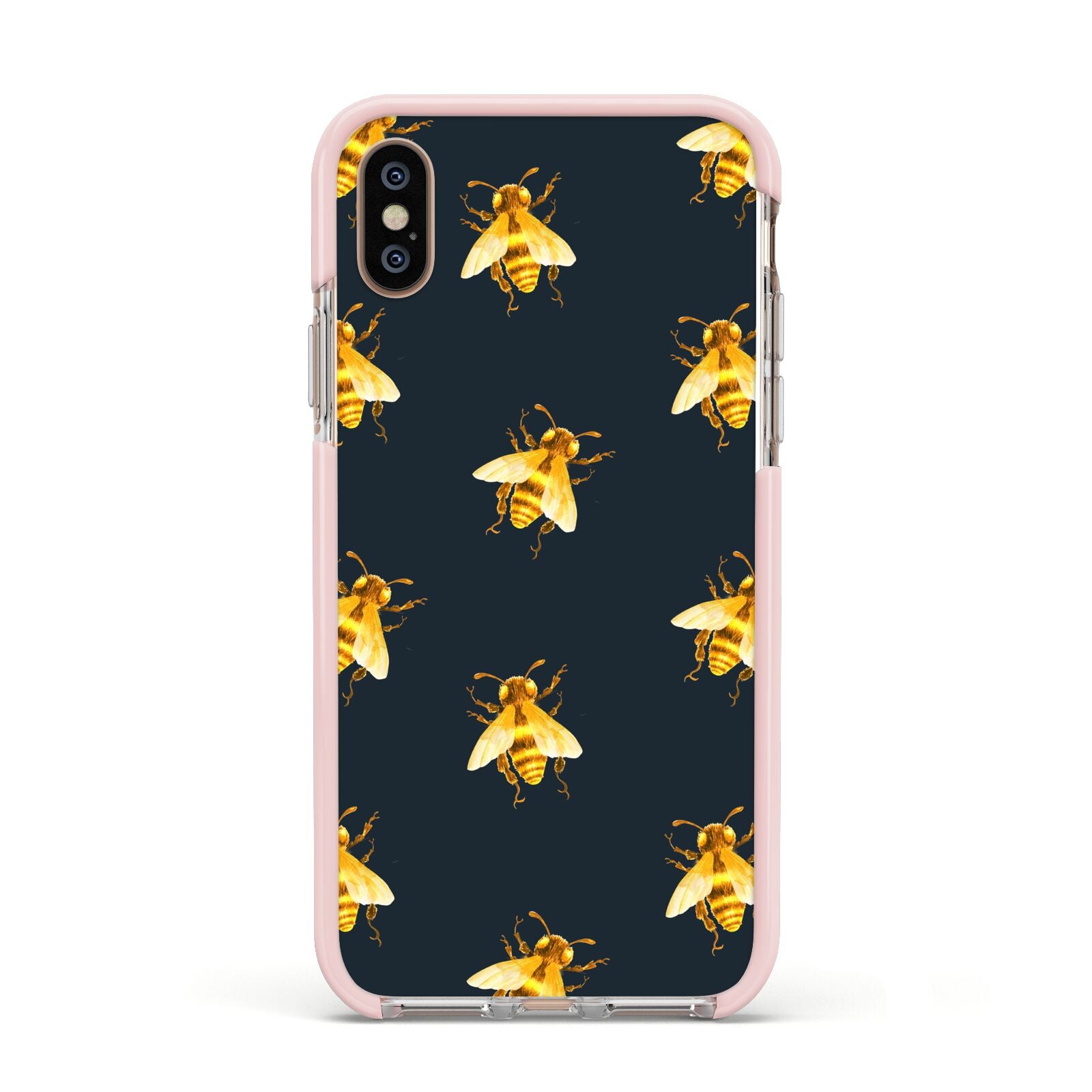 Golden Bees with Navy Background Apple iPhone Xs Impact Case Pink Edge on Gold Phone