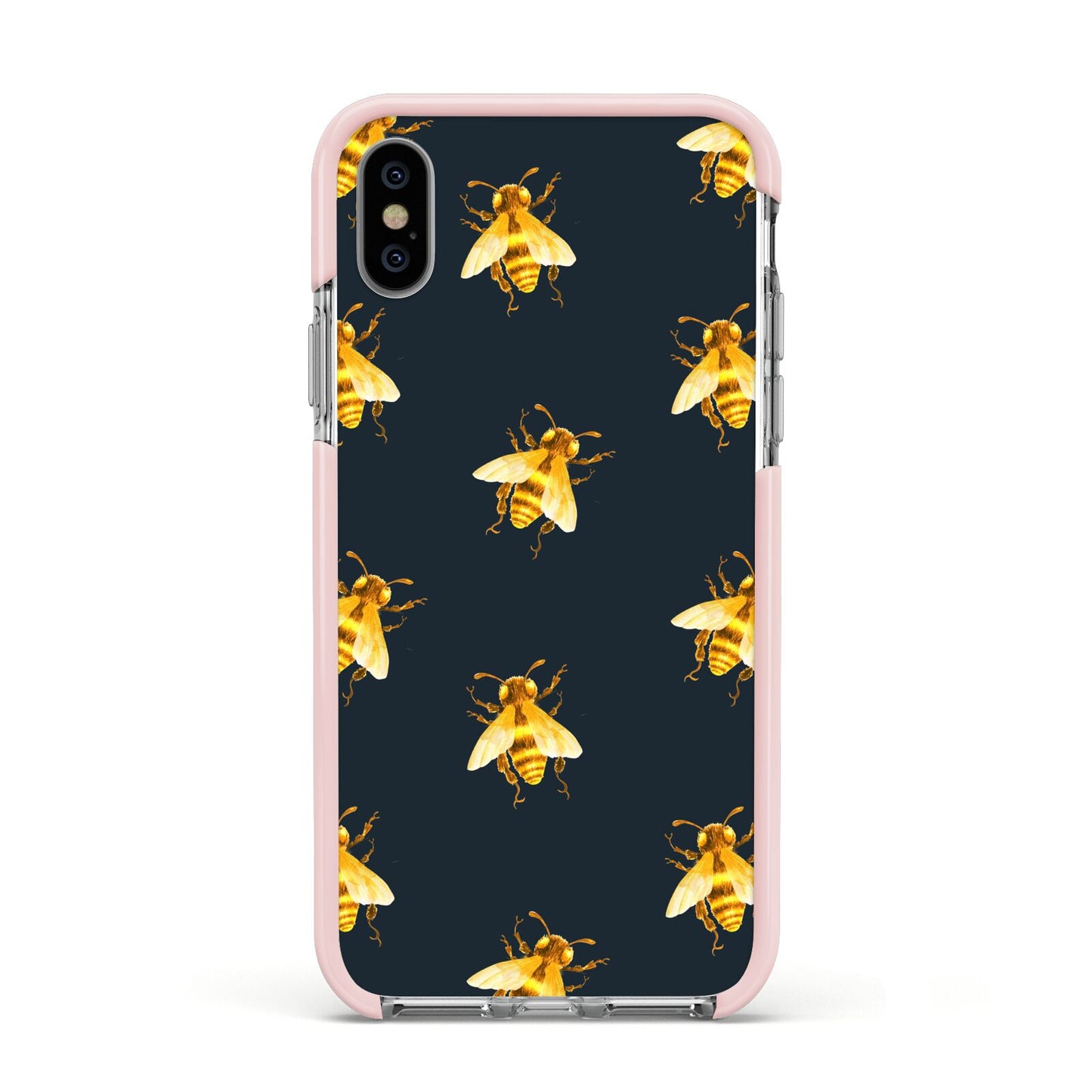 Golden Bees with Navy Background Apple iPhone Xs Impact Case Pink Edge on Silver Phone