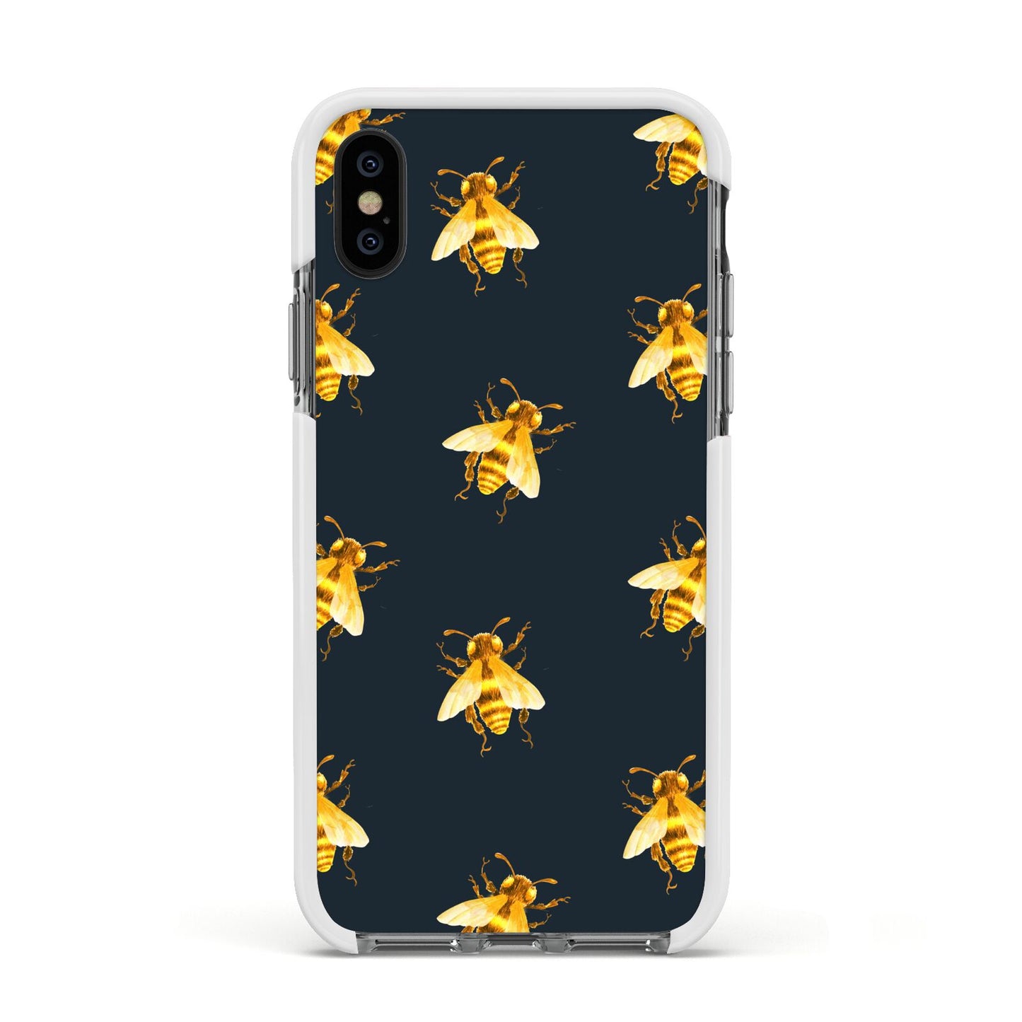 Golden Bees with Navy Background Apple iPhone Xs Impact Case White Edge on Black Phone