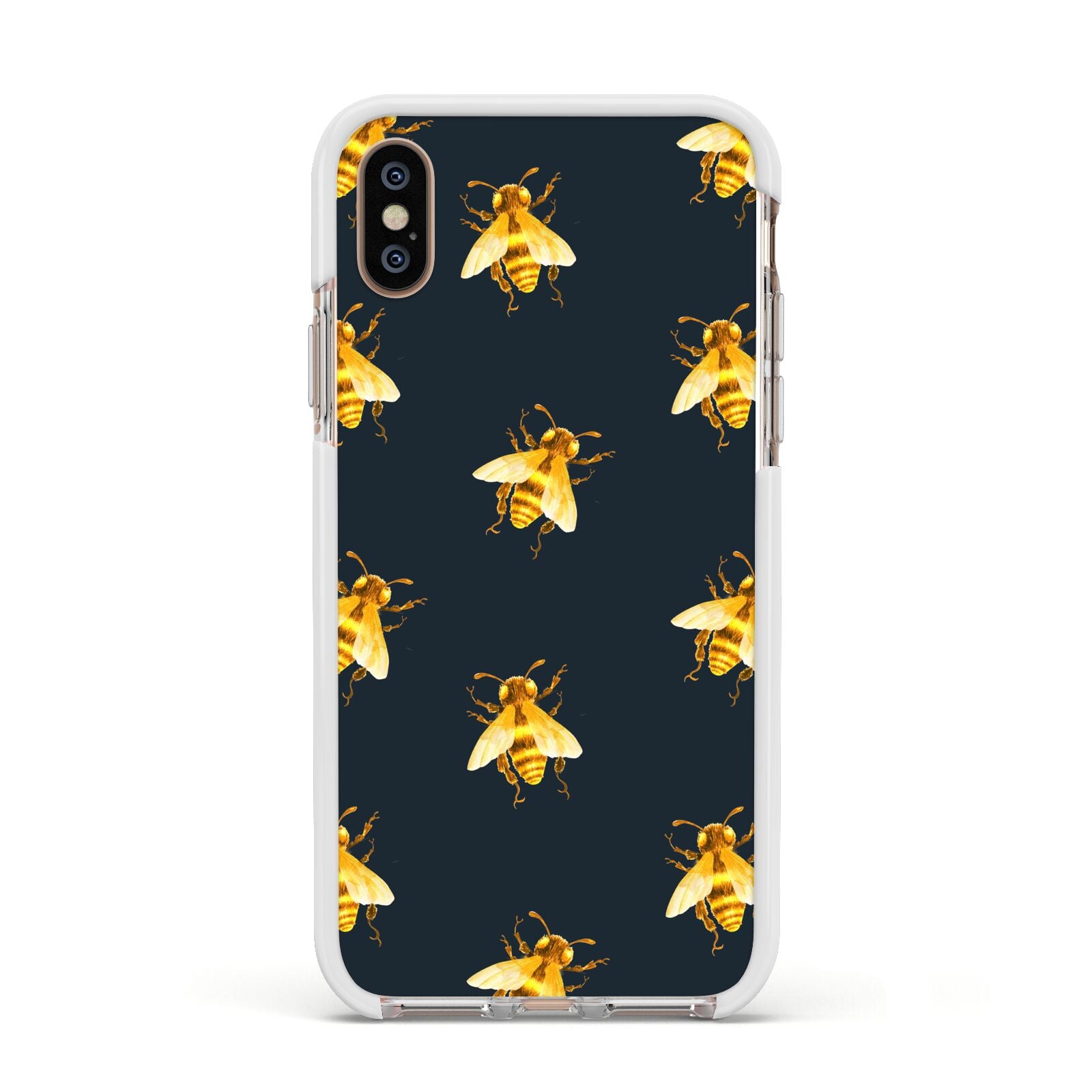 Golden Bees with Navy Background Apple iPhone Xs Impact Case White Edge on Gold Phone