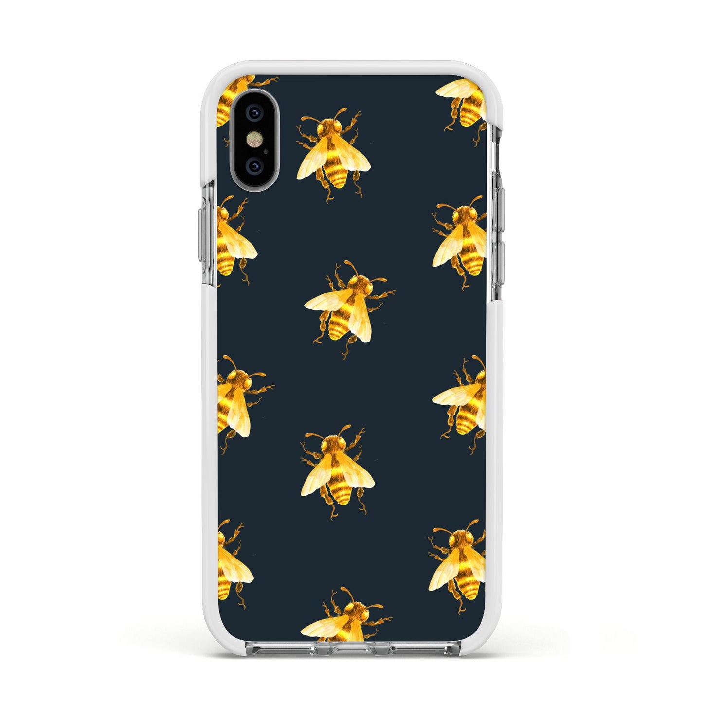 Golden Bees with Navy Background Apple iPhone Xs Impact Case White Edge on Silver Phone