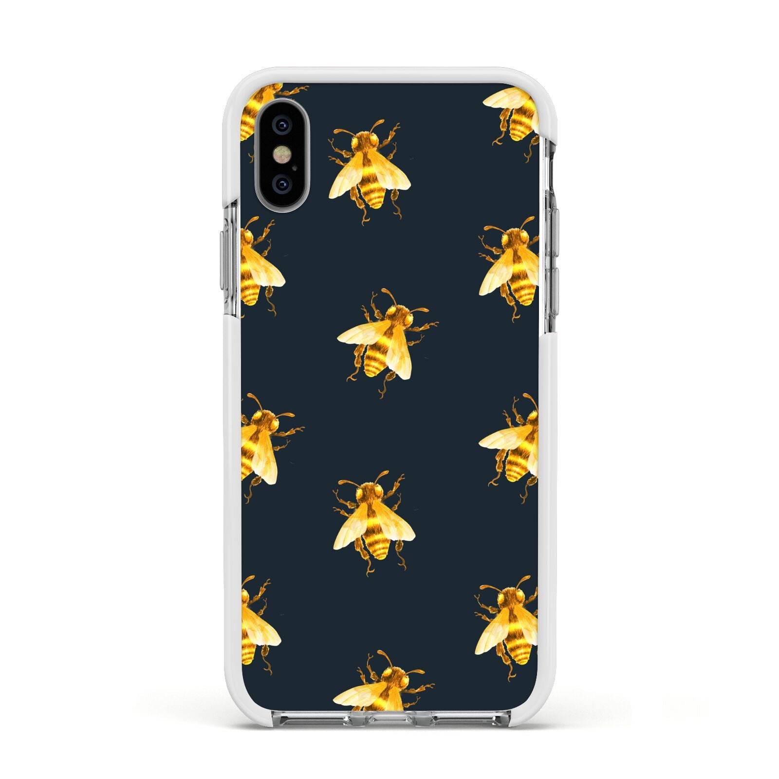 Golden Bees with Navy Background Apple iPhone Xs Impact Case White Edge on Silver Phone