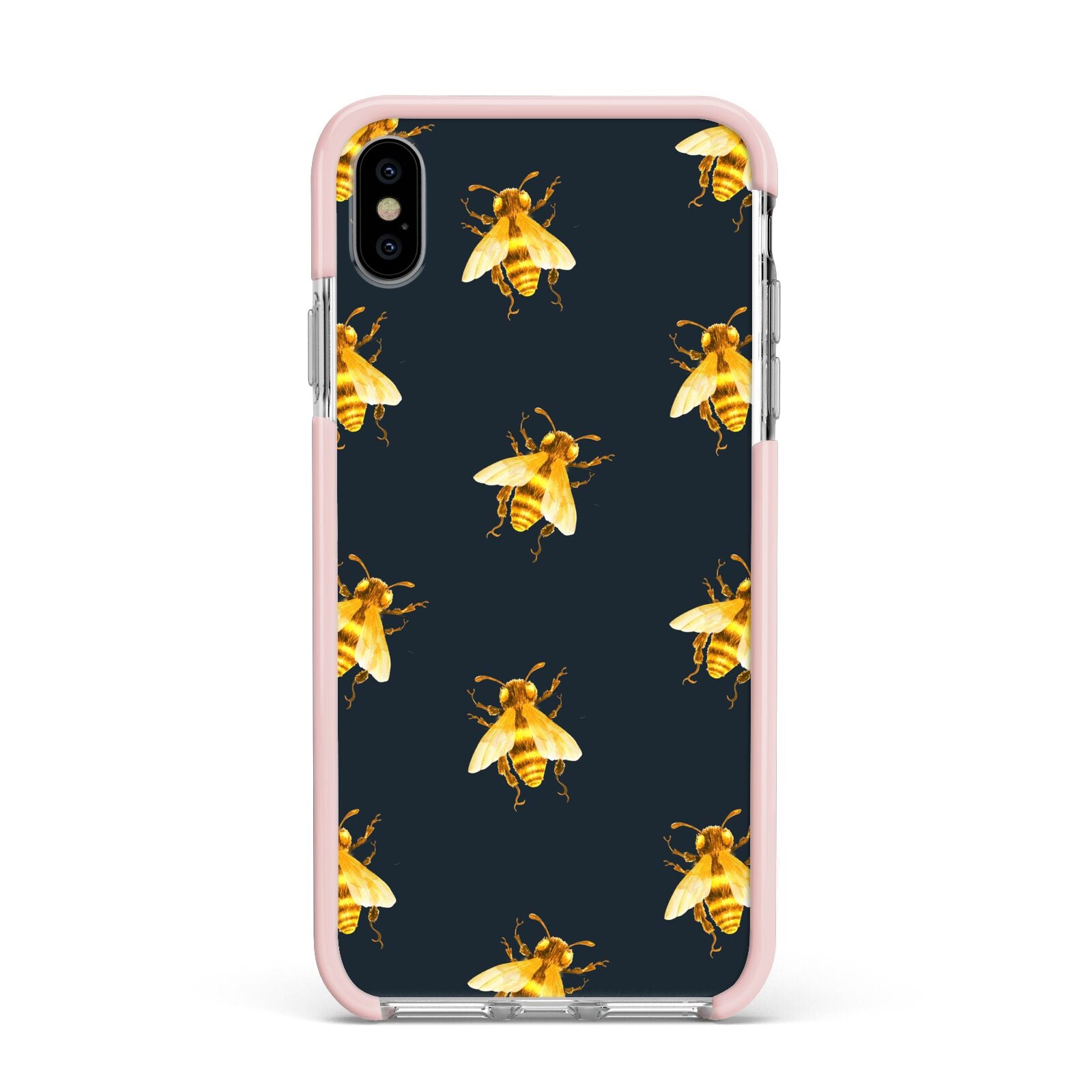 Golden Bees with Navy Background Apple iPhone Xs Max Impact Case Pink Edge on Silver Phone