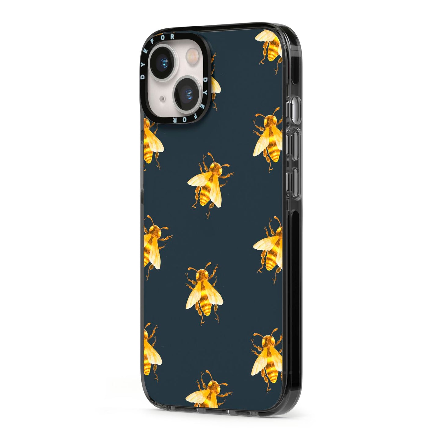 Golden Bees with Navy Background iPhone 13 Black Impact Case Side Angle on Silver phone