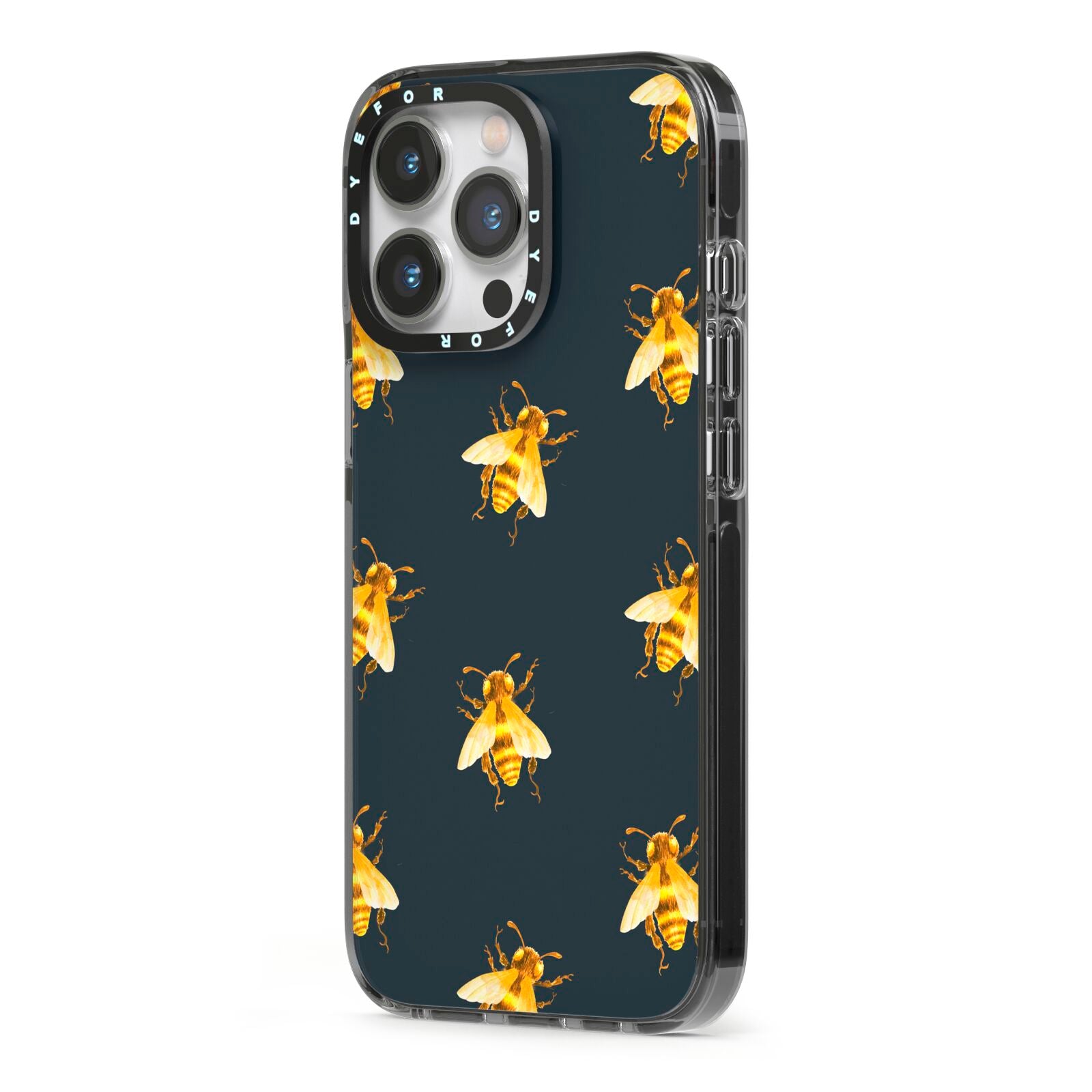Golden Bees with Navy Background iPhone 13 Pro Black Impact Case Side Angle on Silver phone