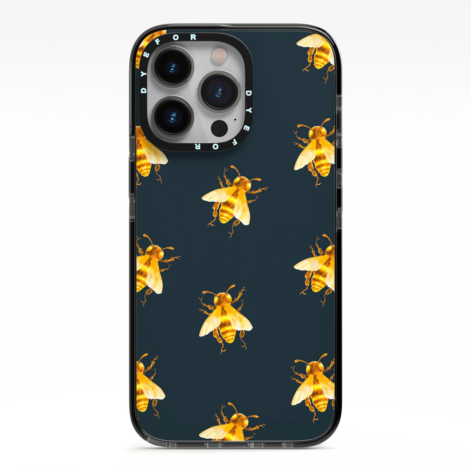 Golden Bees with Navy Background iPhone 13 Pro Black Impact Case on Silver phone