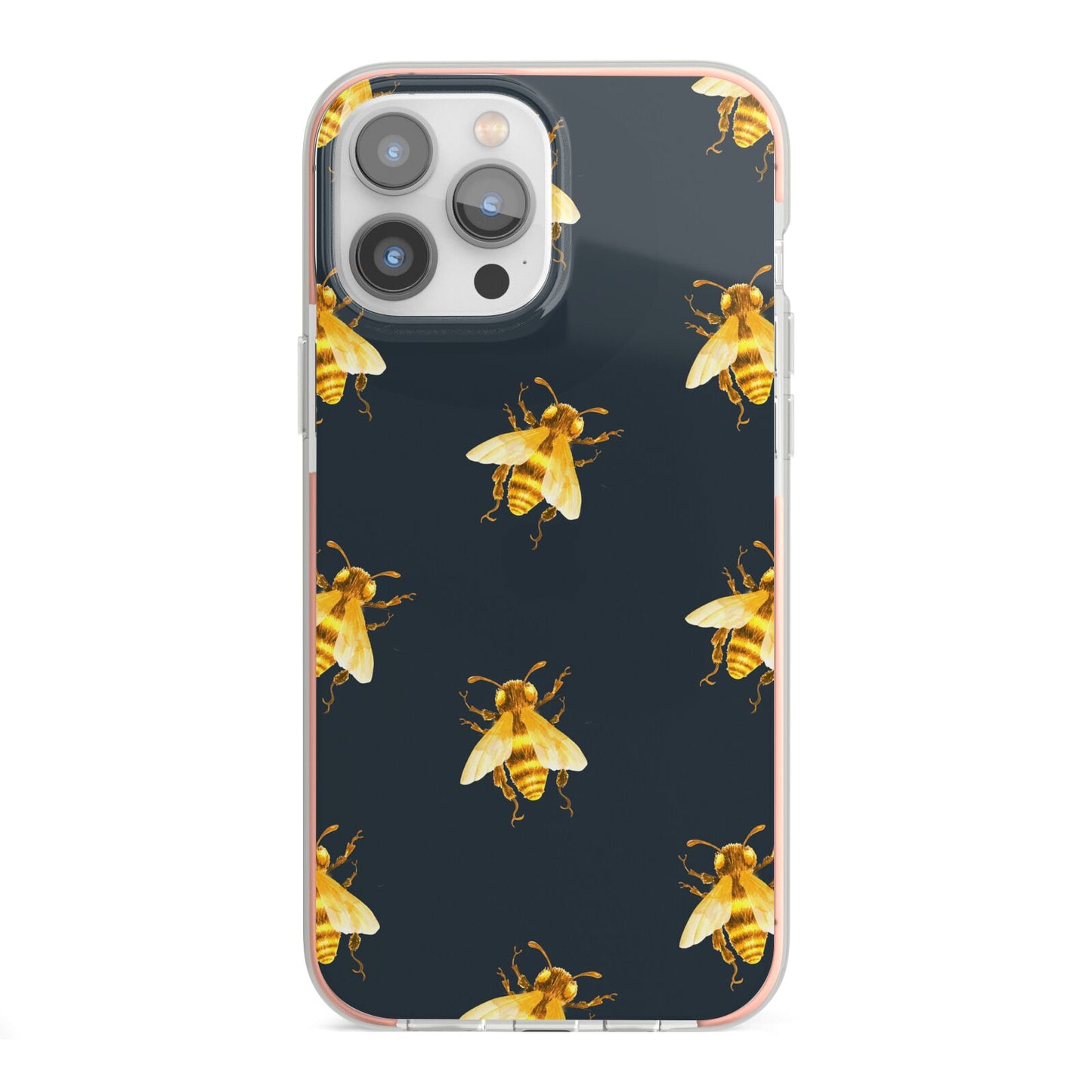 Golden Bees with Navy Background iPhone 13 Pro Max TPU Impact Case with Pink Edges