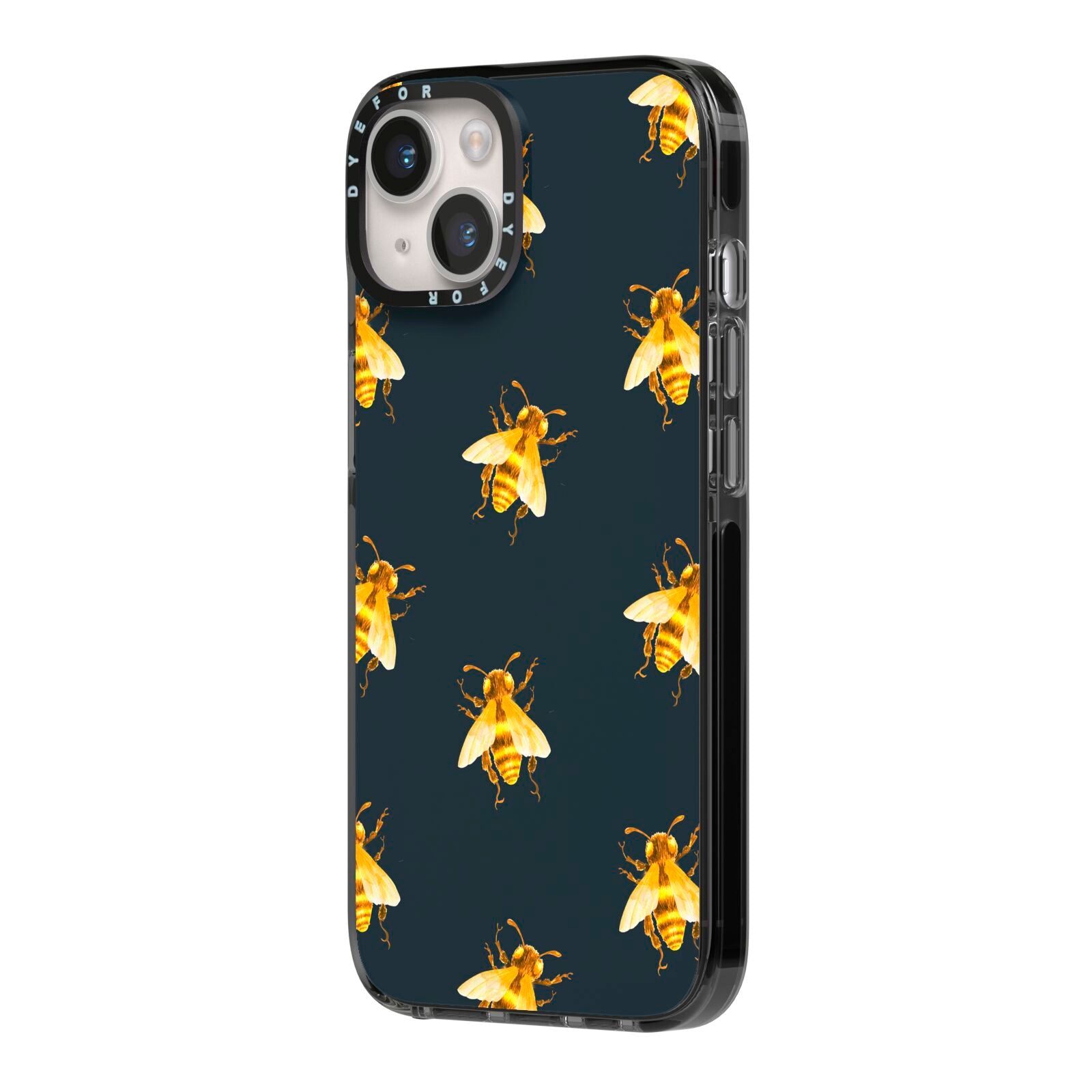 Golden Bees with Navy Background iPhone 14 Black Impact Case Side Angle on Silver phone
