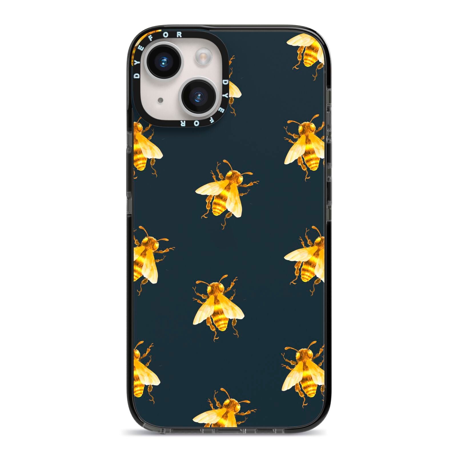 Golden Bees with Navy Background iPhone 14 Black Impact Case on Silver phone