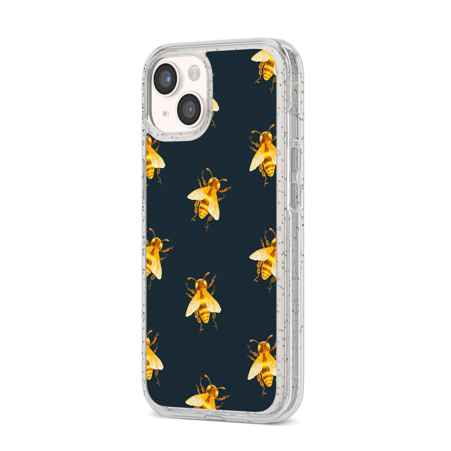 Golden Bees with Navy Background iPhone 14 Glitter Tough Case Starlight Angled Image
