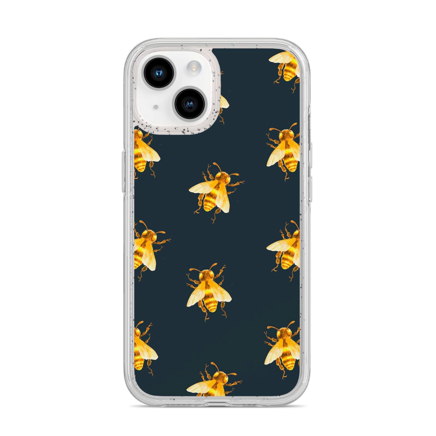 Golden Bees with Navy Background iPhone 14 Glitter Tough Case Starlight