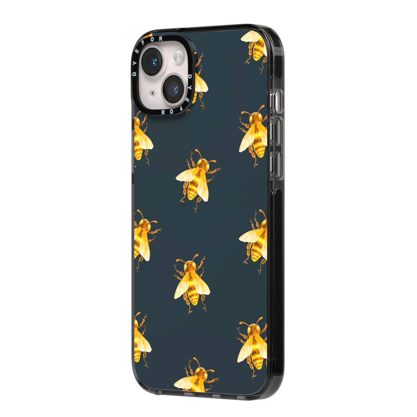 Golden Bees with Navy Background iPhone 14 Plus Black Impact Case Side Angle on Silver phone
